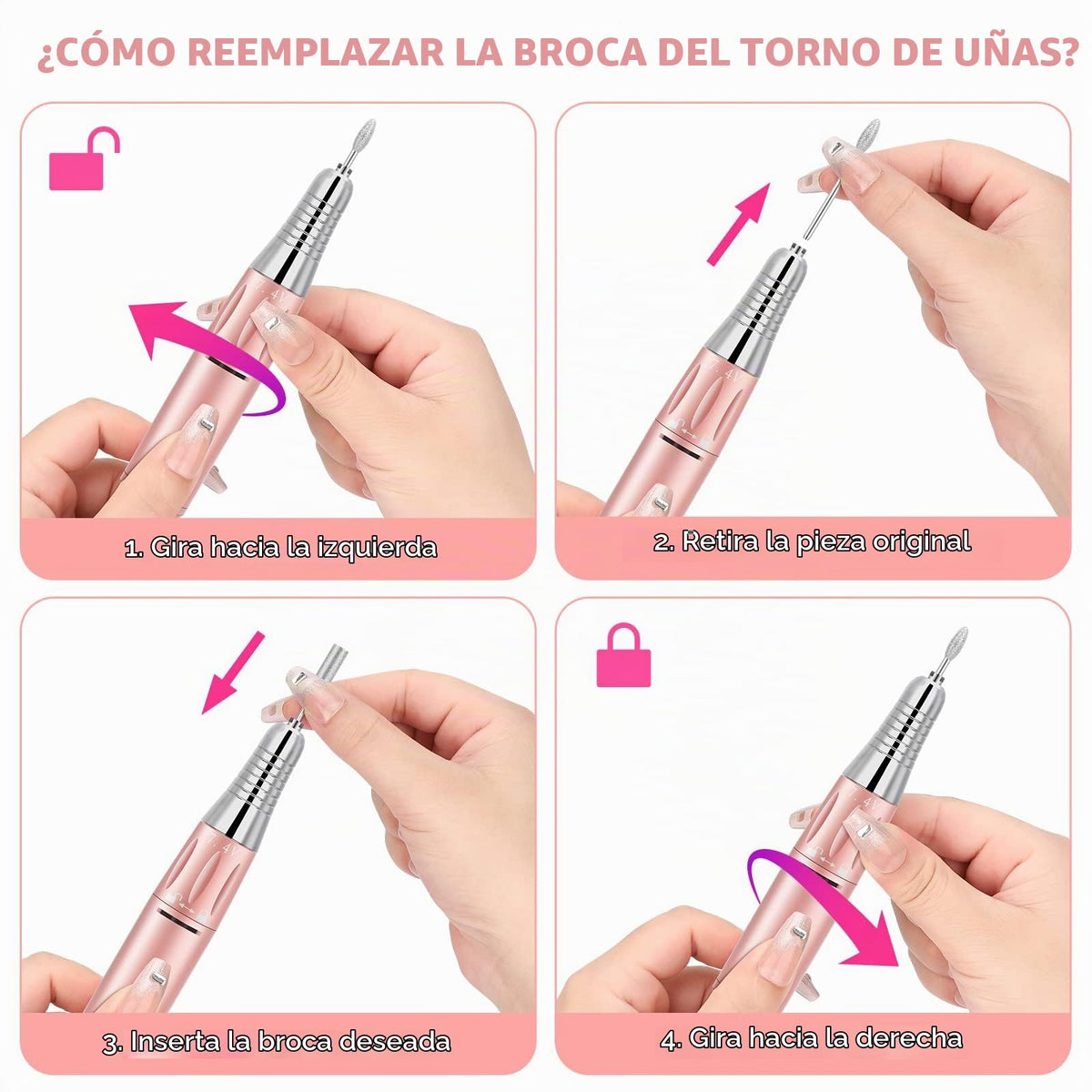 Taladro de Uñas Recargable Portátil 35000 RPM con Lima E y Brocas para Manicura y Pedicura