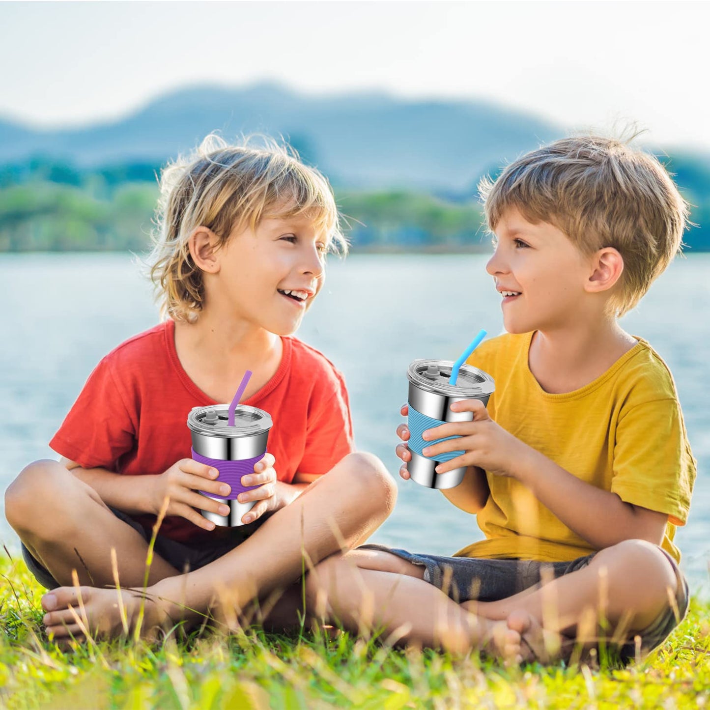Rommeka - Copas para niños pequeños con pajitas, 18/8 de acero inoxidable, 5 unidades de 350 ml, apilables y reutilizables