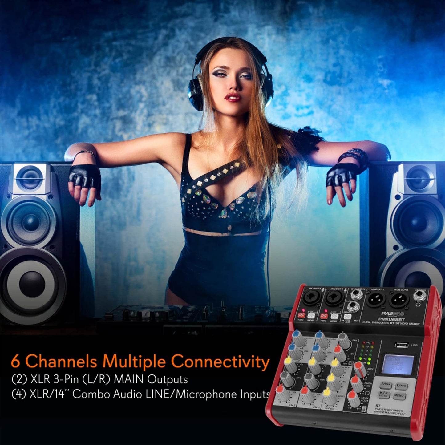 Consola de DJ Digital Pyle Rojo Compatible con Bluetooth y Mezclador USB 4 Canales