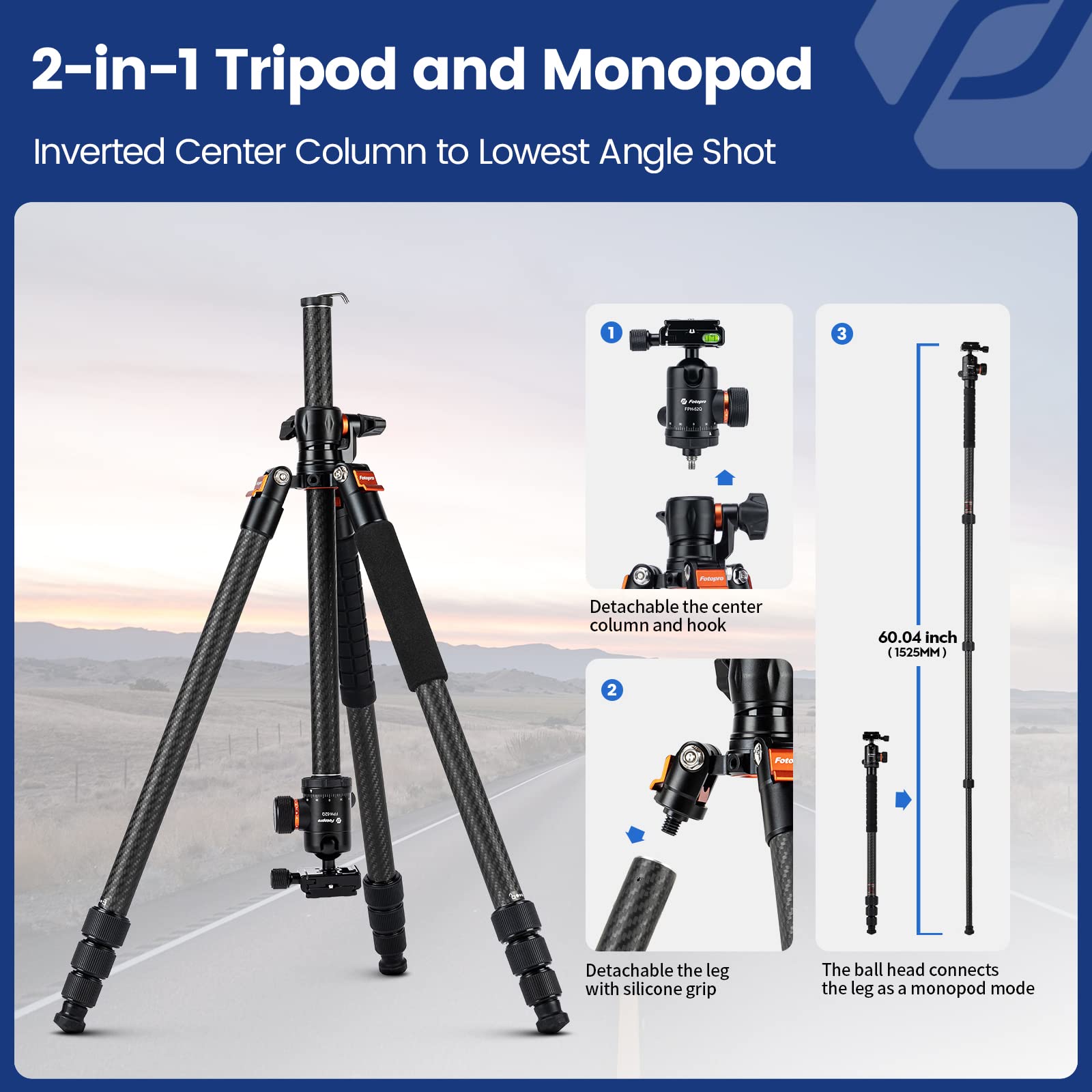 Fotopro - Trípode Horizontal de Fibra de Carbono, trípode de cámara de 75 Pulgadas con Cabezal de Bola de 360 Grados, Placa de liberación rápida para videocámara DSLR, trípode 2 en 1, Carga máxima de