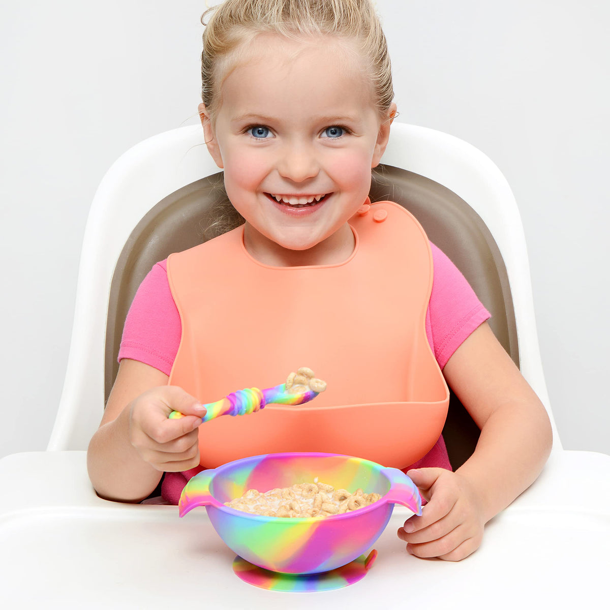 PrimaStella - Juego de tazón y cuchara de silicona irrompible antideslizante para bebés y niños pequeños (arco iris)