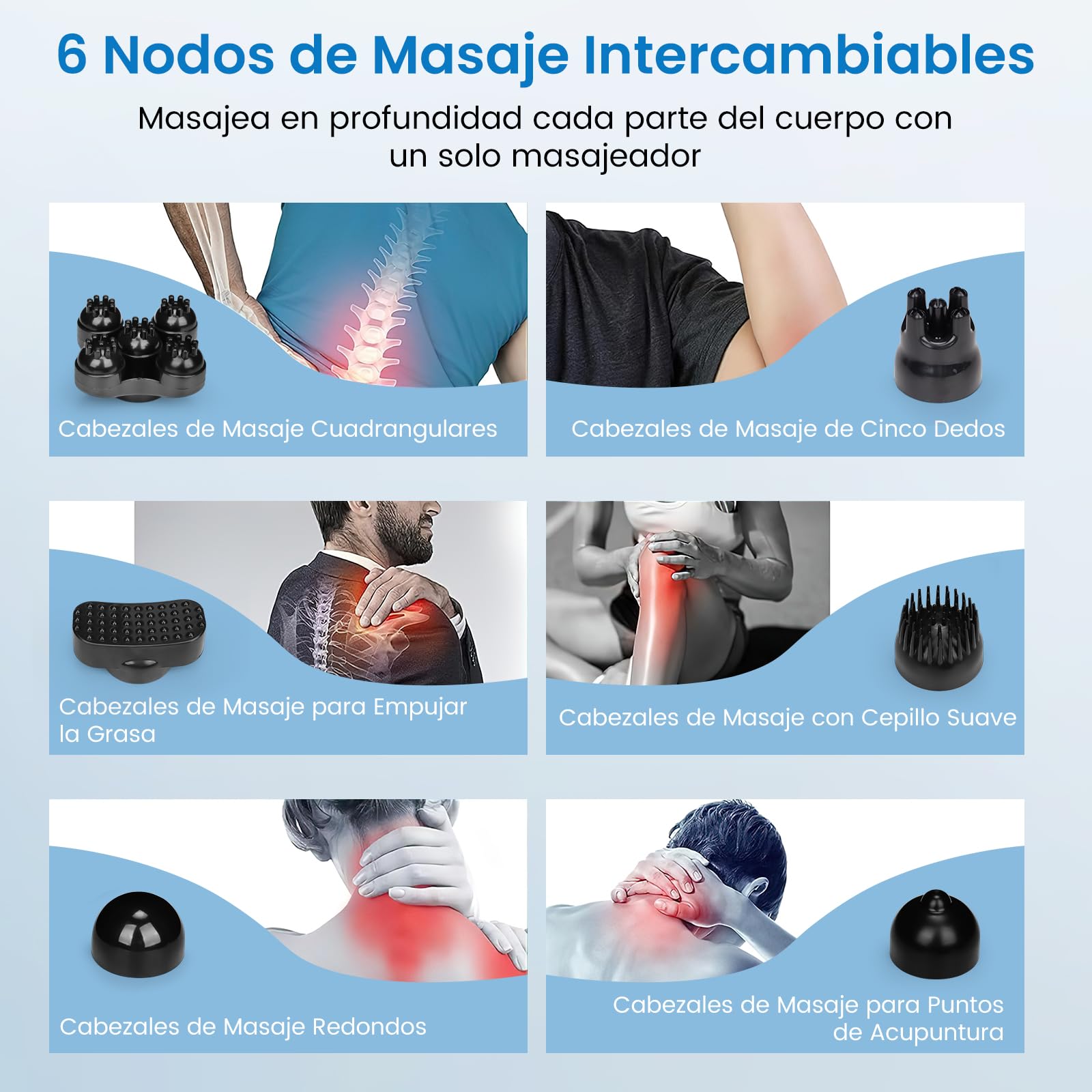 Masajeador de Espalda,Masajeador Electrico para Alivio del Dolor Muscular,Masajeadores de Mano con Diseño Ergonómico,10 Modos,12 Velocidades y 6 Cabezales de Masaje,Masaje para Espalda,Pierna y Cuello