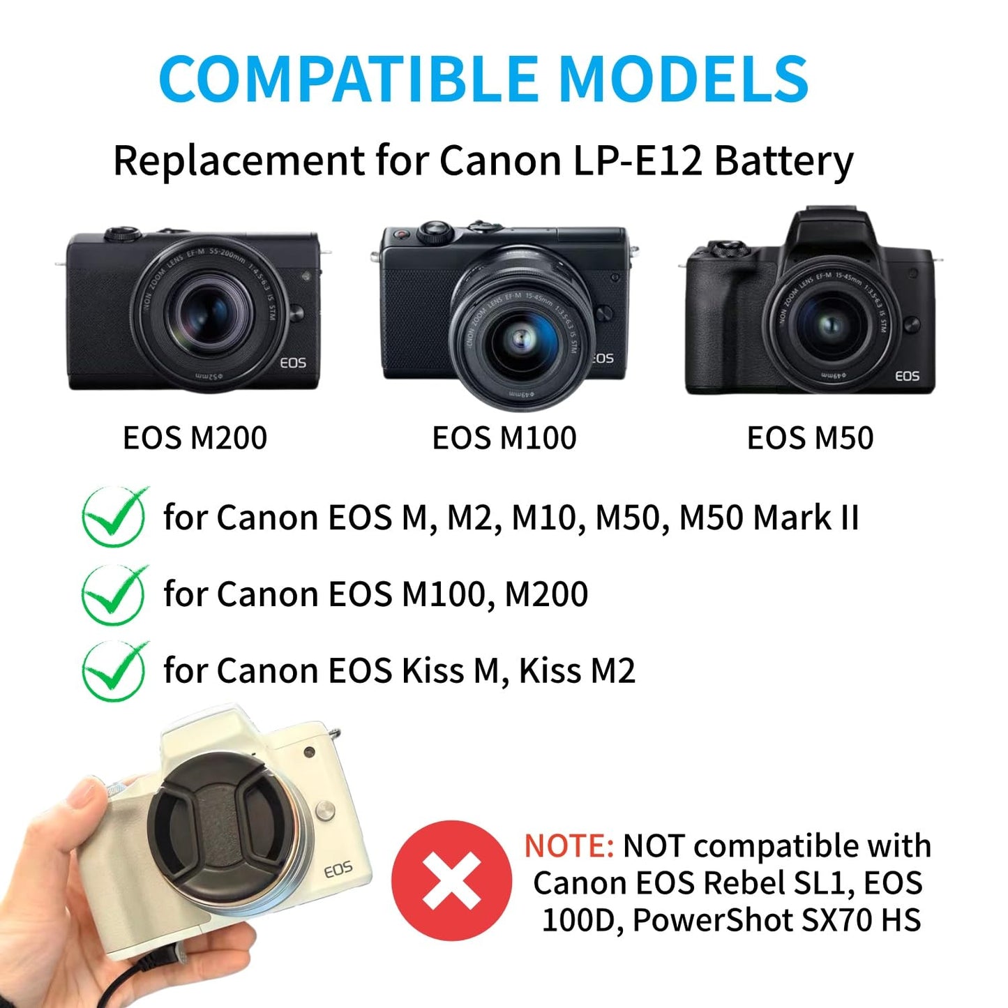 Kimaru LP-E12 Dummy Battery ACK-E12 Adaptador de corriente CA DR-E12 Kit de acoplador CC para cámaras Canon EOS M50 Mark II, M50, M200, M100, M10, M2, M