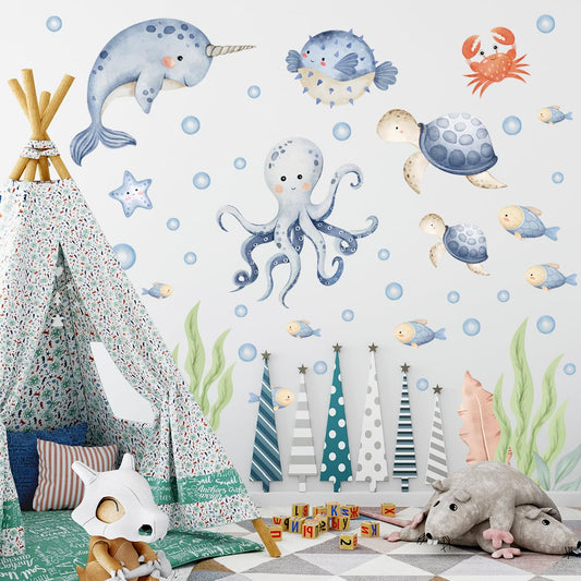 Calcomanía de Pared Mundo Subacuático Acuarela Oceánica para Niños