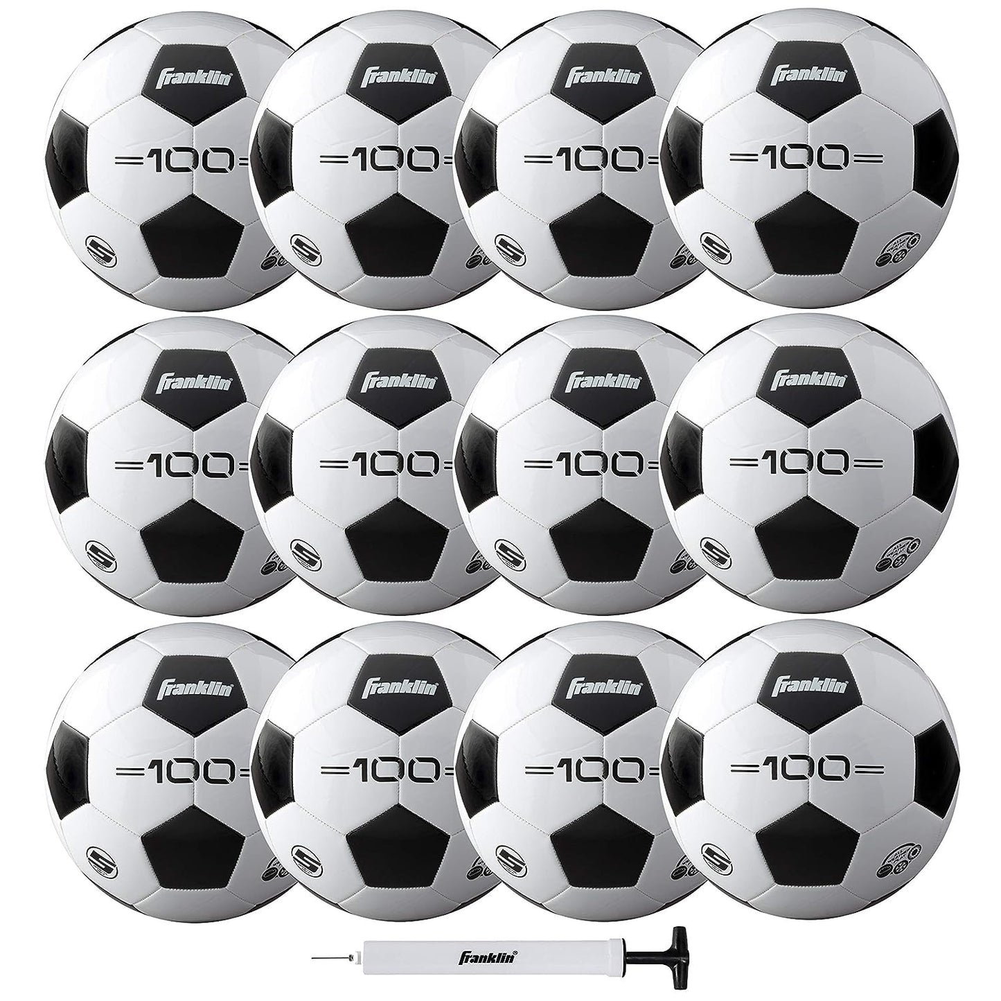 Franklin Sports Competition F-100 Balón de fútbol, Tamaño 5, 12 balones desinflados con Bomba, Blanco, 5