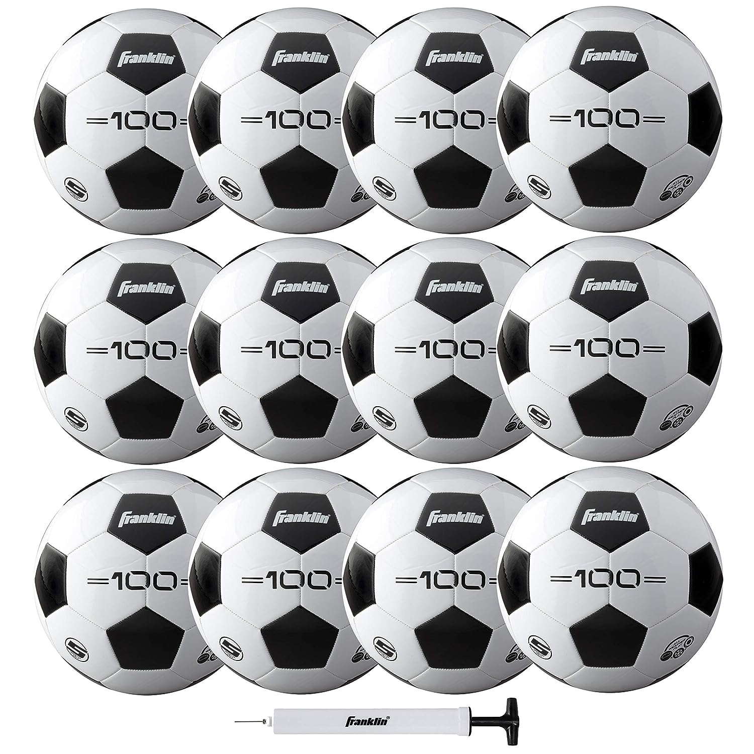Franklin Sports Competition F-100 Balón de fútbol, Tamaño 5, 12 balones desinflados con Bomba, Blanco, 5