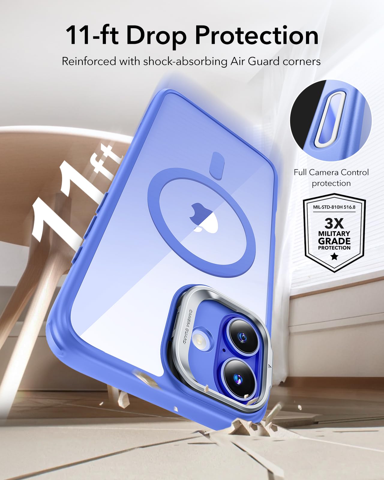 ESR - Funda para iPhone 16 Plus, botón de control de cámara compatible con MagSafe, protección de grado militar, soporte integrado, funda trasera resistente a arañazos, clásica, azul transparente