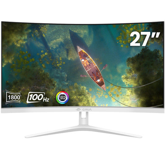 CRUA Monitor blanco curvado de 27 pulgadas, Full HD (1920 x 1080P) VA Panel 1800R 100HZ 120% sRGB Monitores profesionales de computadora, 3 lados, sin marco, sin parpadeo, filtro de luz azul, para