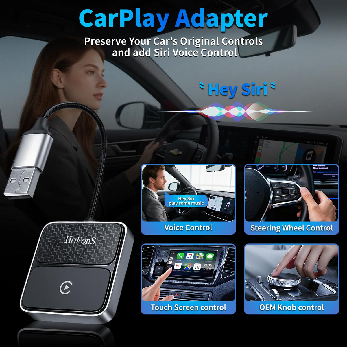 Adaptador Inalámbrico Carplay HoFonS Blanco para iPhone con USB y Bluetooth