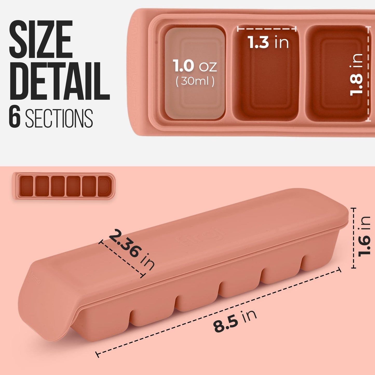 Firgi Bandeja de silicona para cubitos de hielo de 1 onza/6 secciones con tapa, 100% silicona platino de grado alimenticio, resistencia a fugas y apta para lavaplatos para preparación de alimentos
