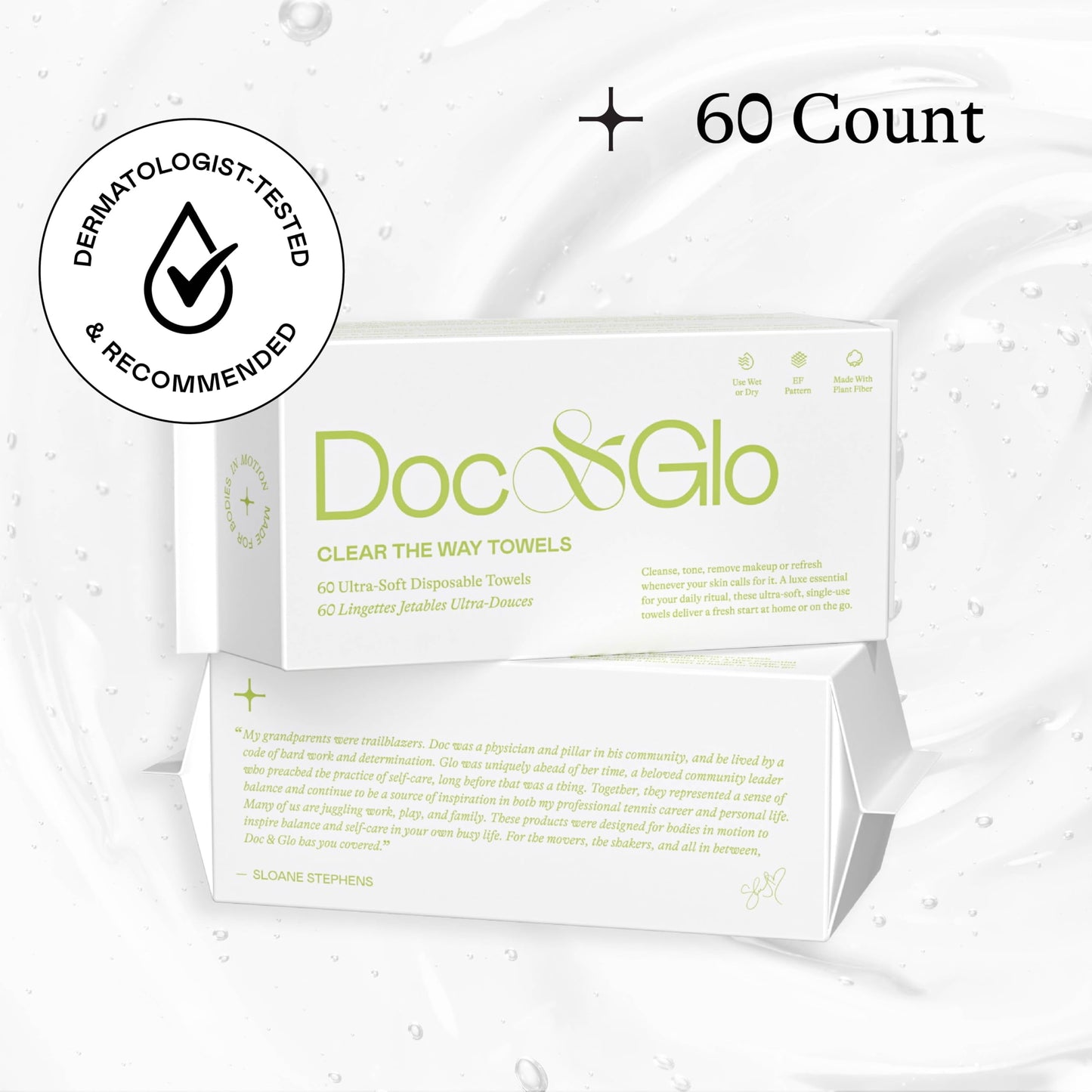 Doc & Glo Toallitas faciales desechables Clear The Way, toallas faciales de fibra vegetal para lavar el rostro y desmaquillar, cuidado de la piel sin fragancia, imprescindibles para viajar, 60 unidade