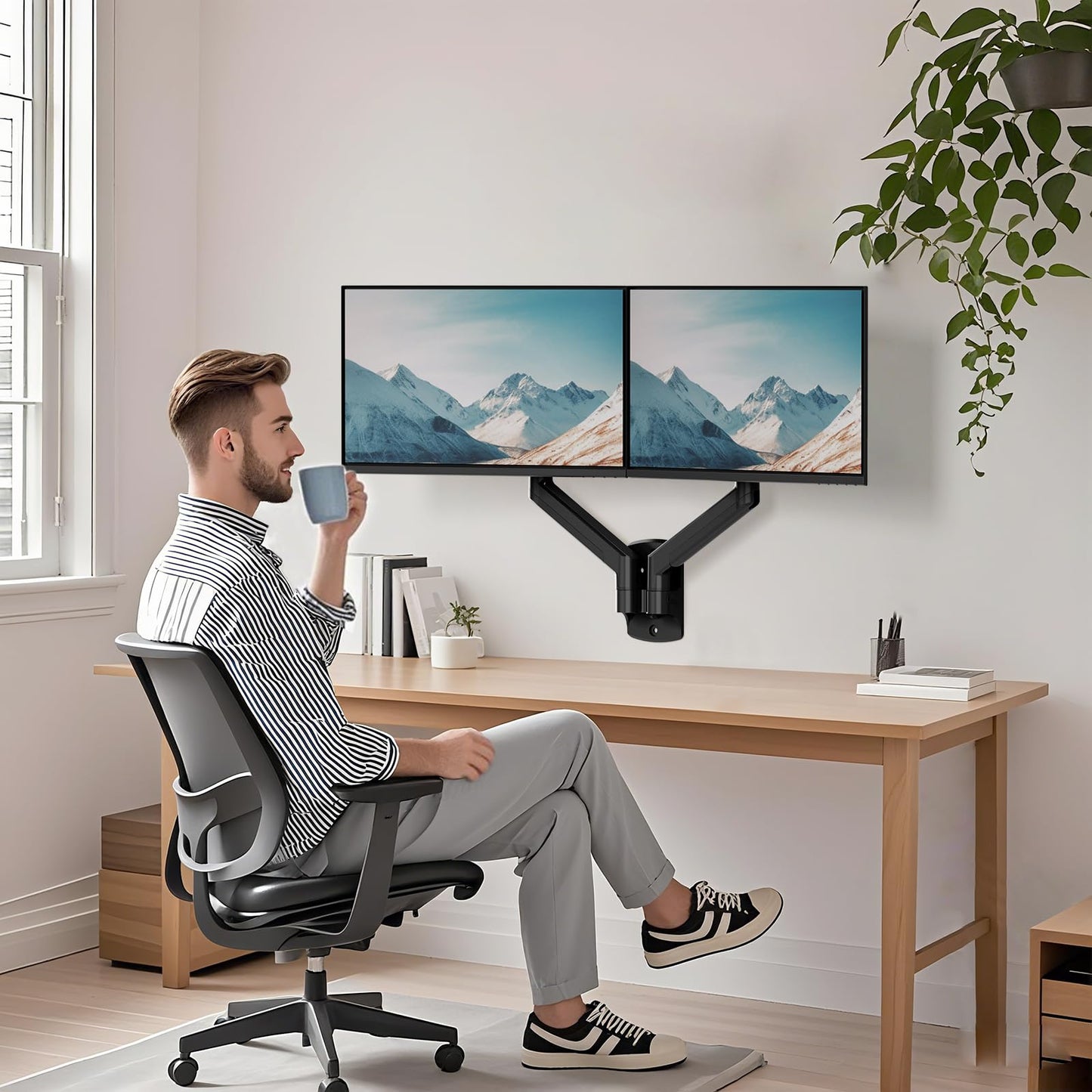 Soporte para Monitor WALI Negro Totalmente Ajustable para Pared Doble de hasta 32 Pulgadas 10 kg con Brazo y Resorte de Gas