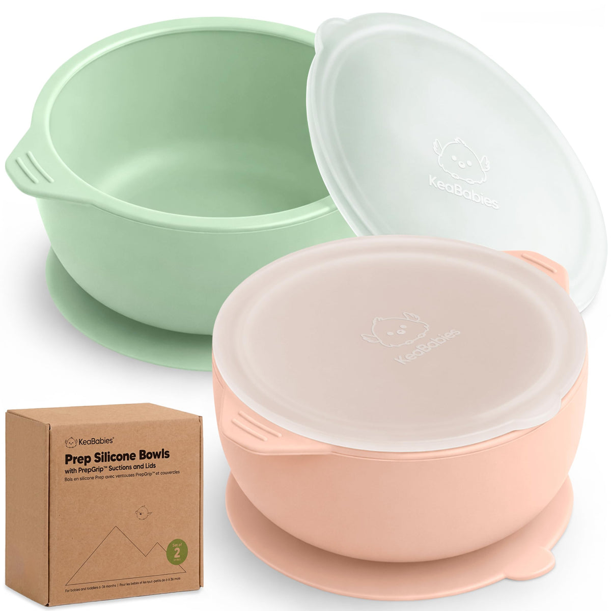 KeaBabies Juego de 2 Cuencos para Bebés con Succión, Tapas - Cuencos de Succión para Niños Pequeños de Silicona de Grado Alimenticio, Sin BPA, Apto para Lavavajillas, Esenciales para Comer para Niños