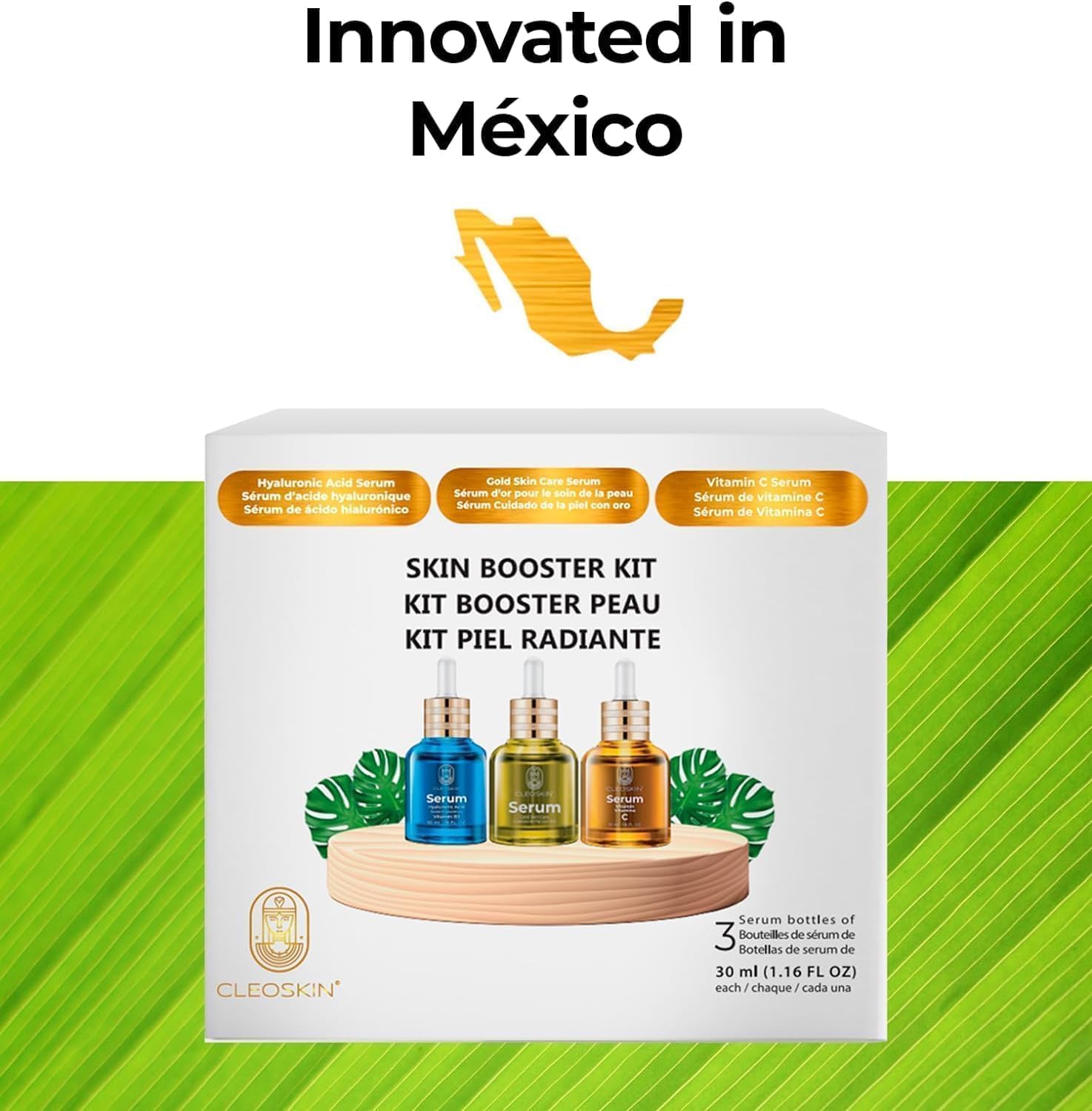 CLEOSKIN Kit 3 sueros faciales, Serum Vitamina C (ácido ascórbico), Serum Ácido Hialurónico con Niacinamida y Serum 24k Oro, para el cuidado de la piel, skincare