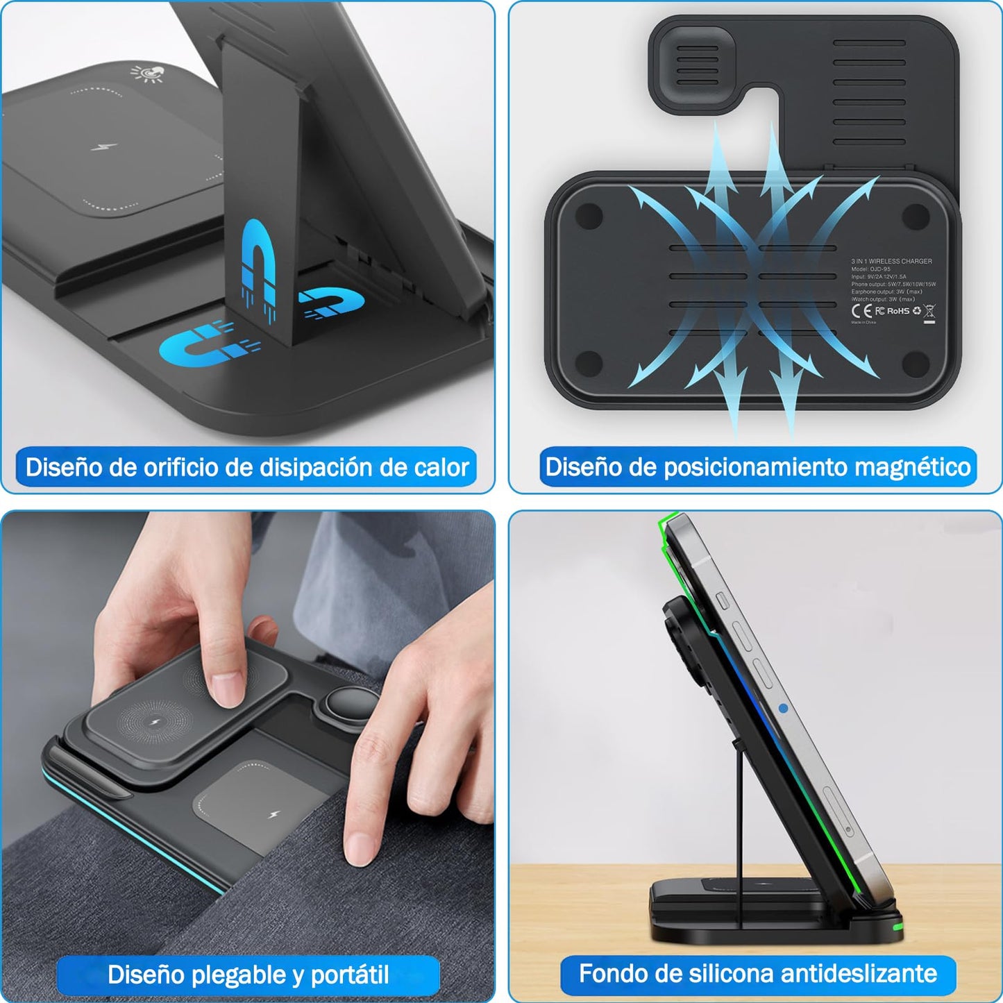 DKJBF Estación de Carga 3 en 1 Inalámbrica con Cable USB e Indicador LED - Compatible con iPhone, Samsung, Apple Watch Series 8/7/6/5/4/3/2/SE y AirPods 2/3/Pro