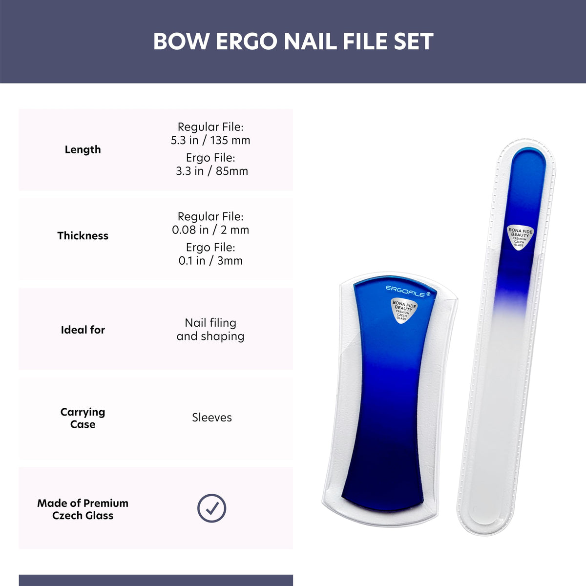 Glass Nail File Manicure Set, Bow Ergofile for Gentle & Efficient Filing, Professional Nail Care Tools by Bona Fide Beauty Genuine Czech Glass