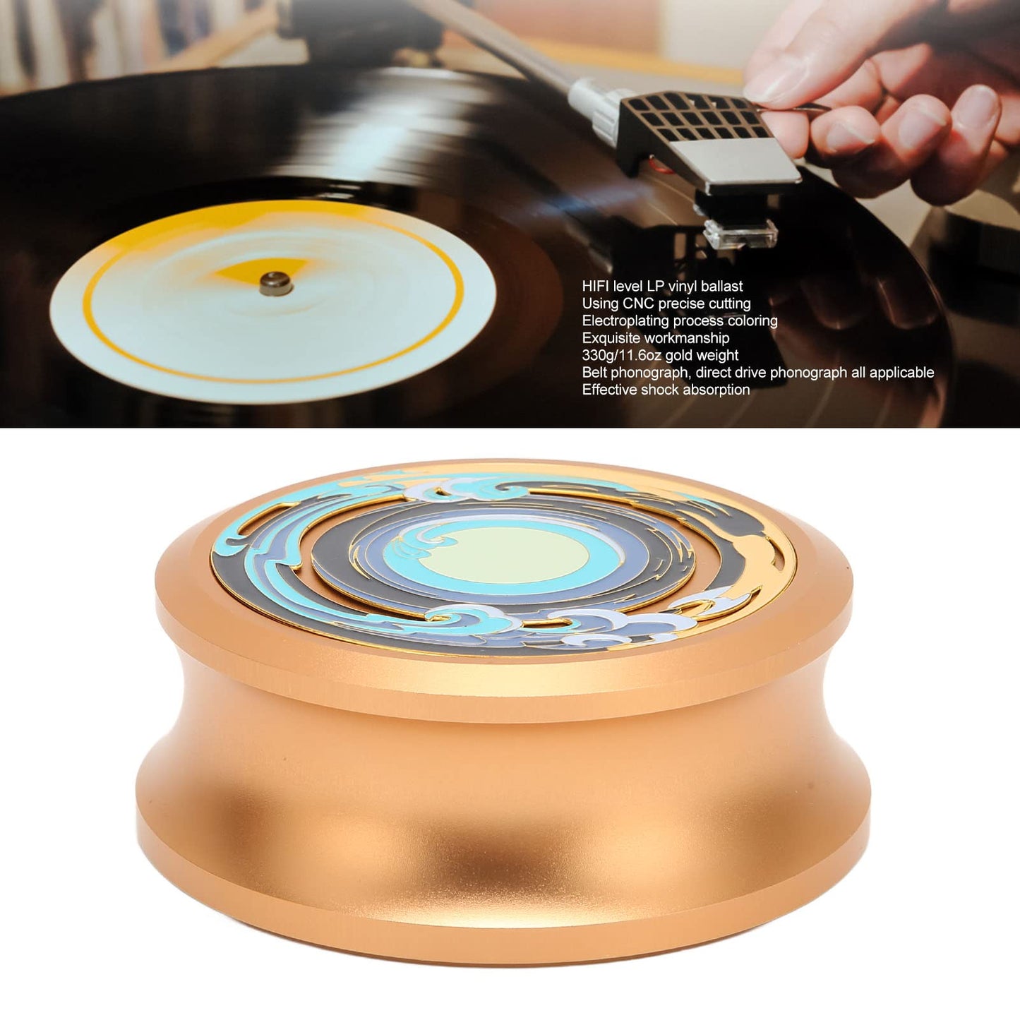 Luqeeg Estabilizador de Disco HiFi LP, Estabilizador de Peso Récord, Abrazadera para Discos de Vinilo Estabilizador de Disco de Tocadiscos con Almohadilla Inferior de Silicona para Tocadiscos LP(Oro)