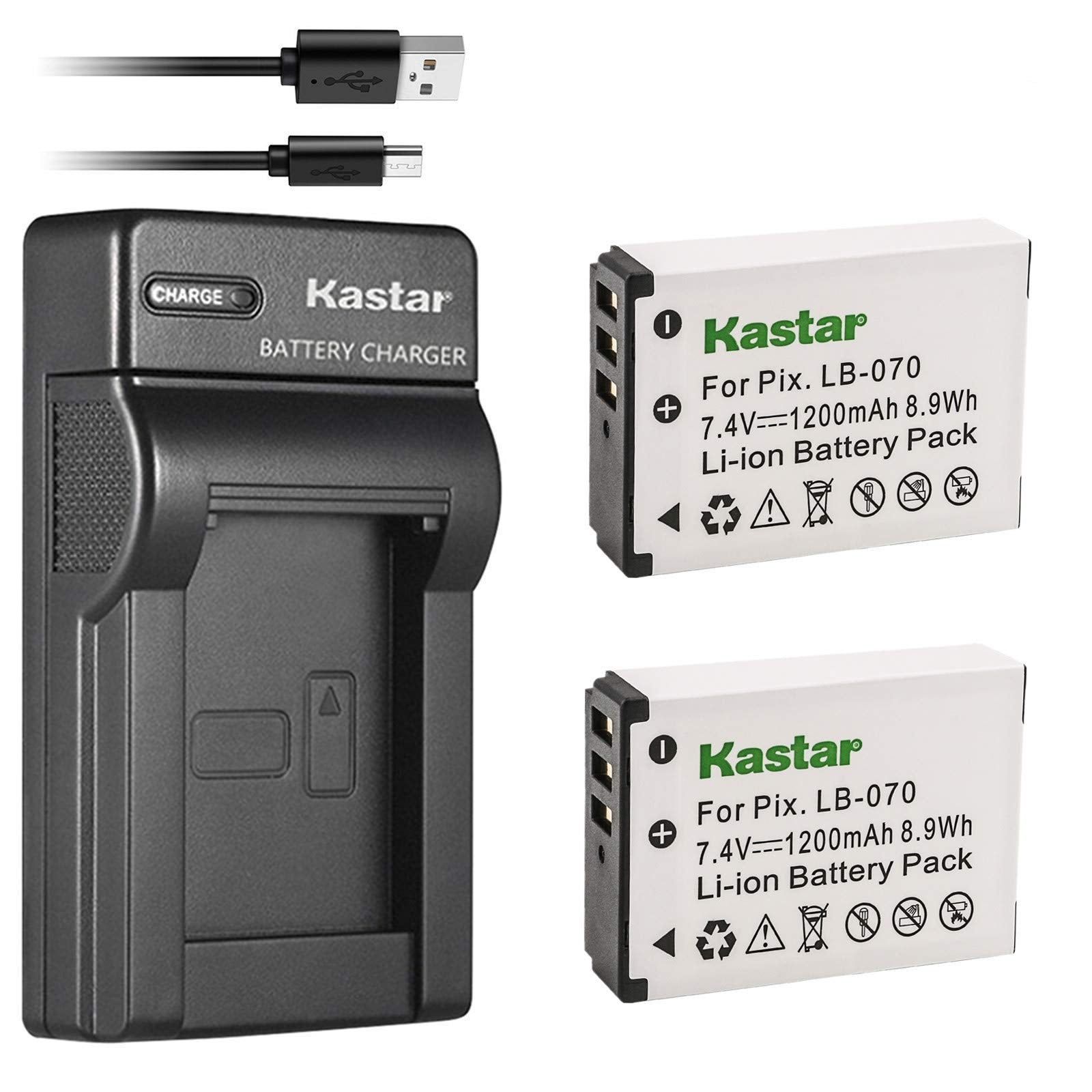 Kastar - Paquete de 2 baterías + cargador USB delgado para batería Kodak LB-070 LB070 y Kodak Pixpro AZ651, Pixpro AZ651 AZ652 Astro Zoom, Pixpro AZ901, PIXPRO S1, PIXPRO S-1, Minolta MN67Z Cámara