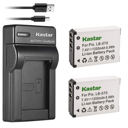 Kastar - Paquete de 2 baterías + cargador USB delgado para batería Kodak LB-070 LB070 y Kodak Pixpro AZ651, Pixpro AZ651 AZ652 Astro Zoom, Pixpro AZ901, PIXPRO S1, PIXPRO S-1, Minolta MN67Z Cámara