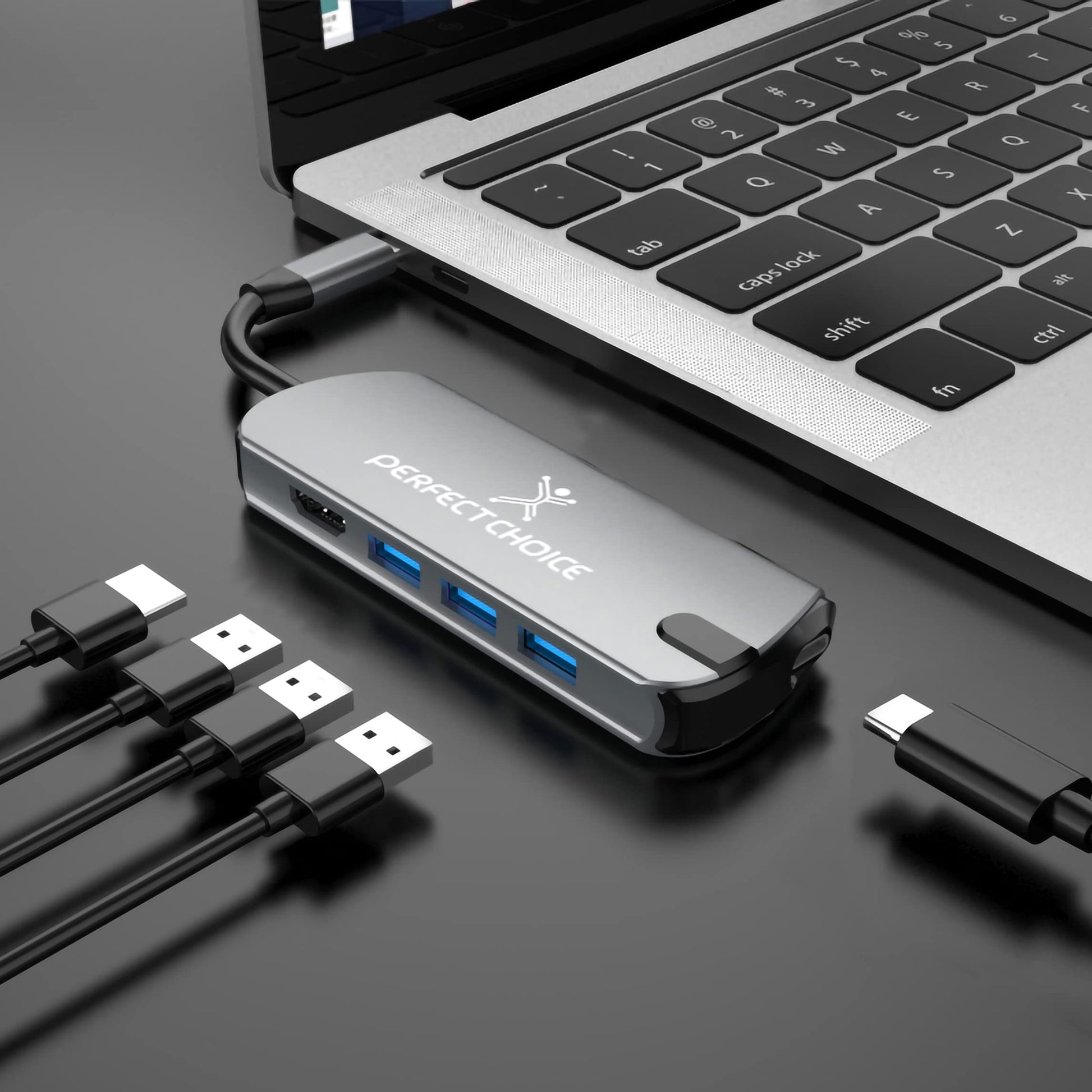 Perfect Choice Hub USB Tipo C con Salidas de 1 Puerto de vídeo HDMI, 3 Puertos USB-A 3.0 y 1 Puerto de Carga PD USB-C, Velocidad de Transferencia hasta 5Gbps,