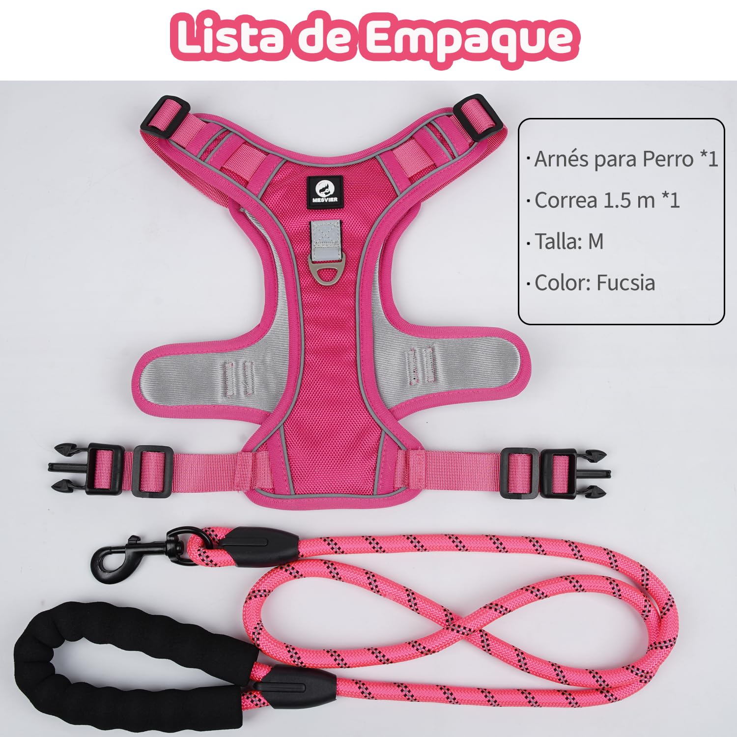 Arnés para Perro MESVIER Negro Ajustable Reflectante Transpirable con Correa 1.5m para Caminar y Entrenar