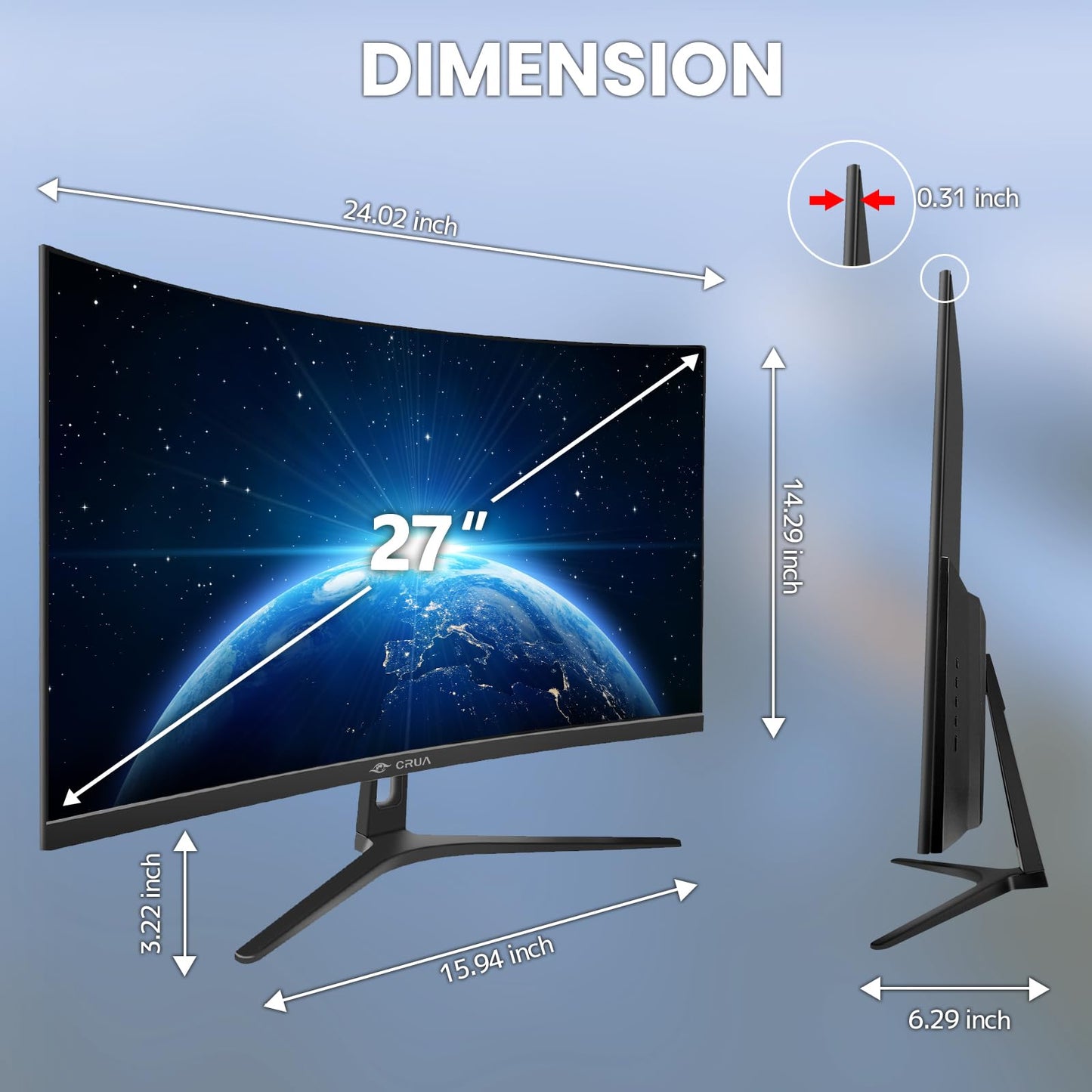 CRUA Monitor Curvo de 27' Full HD (1920x1080P) Panel VA 1800R 100HZ 99% sRGB Monitor de computadora Profesional 3 Lados sin Marco sin Parpadeo Filtro de luz Azul para Oficina y Juegos (VGA HDM)