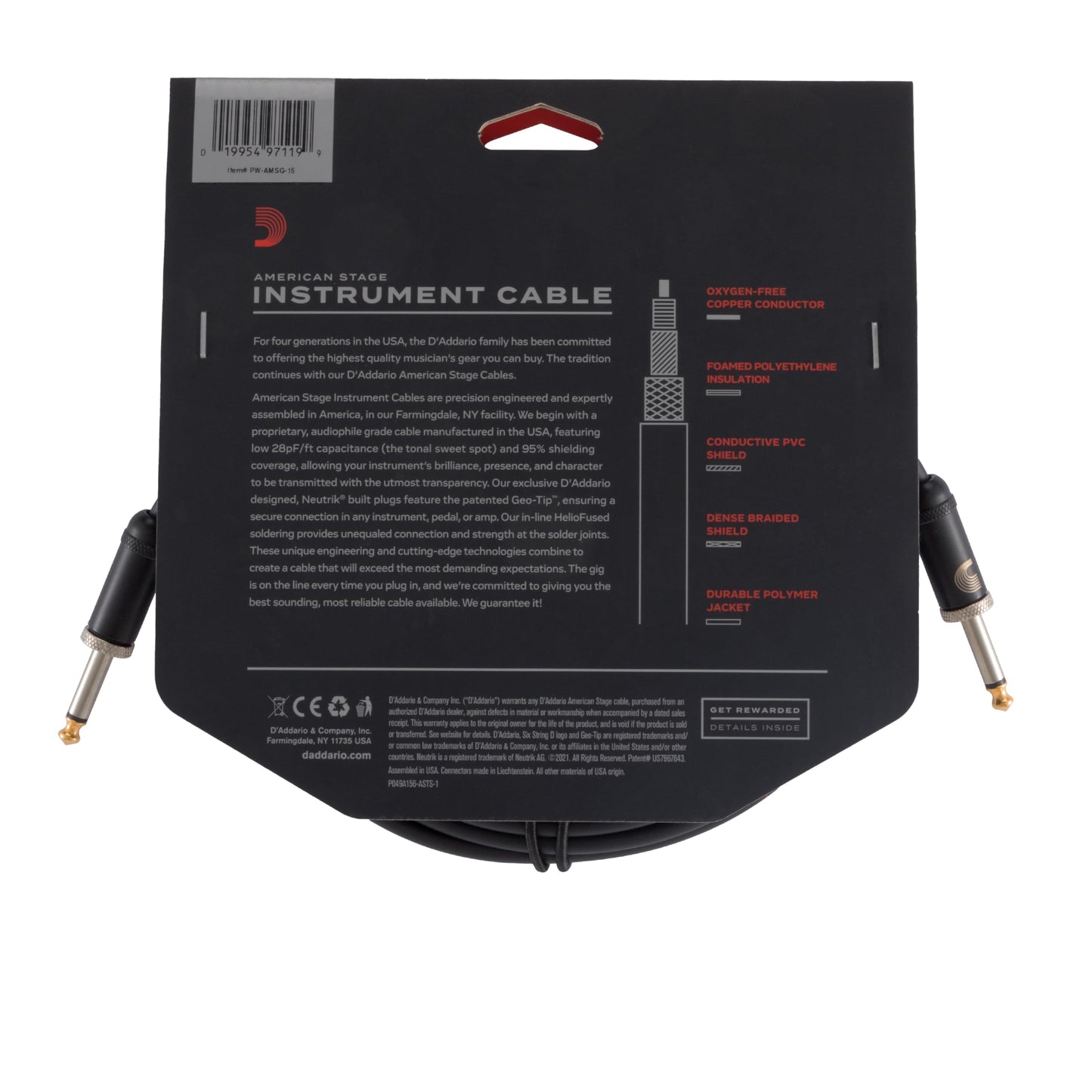 Cable para Guitarra e Instrumentos Planet Waves American Stage Negro 15 Pies