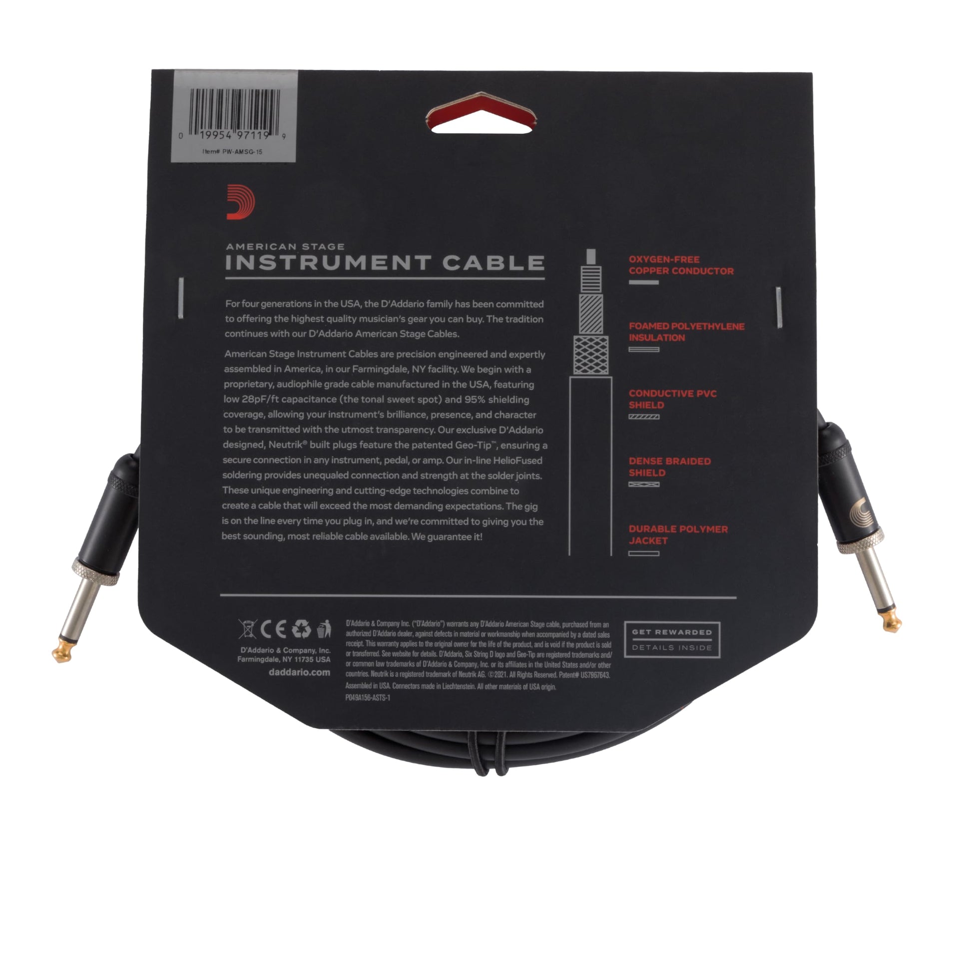 Cable para Guitarra e Instrumentos Planet Waves American Stage Negro 15 Pies
