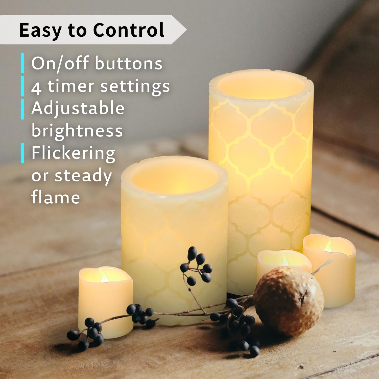 Furora Lighting - Velas LED de cera real, control remoto y temporizador, paquete de 8 (4 pilares y 4 votivas), velas sin llama con parpadeo para decorar el hogar, incluye pilas, marfil, (Ivory Nordic)