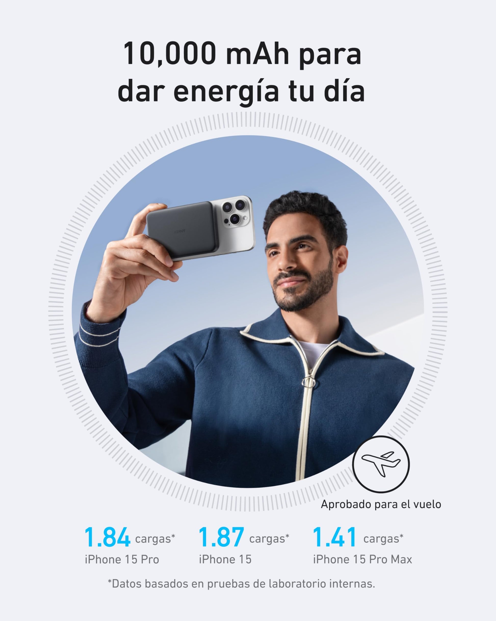 Batería Portátil Anker Negra Ultra Delgado 10000mAh con Carga Rápida y Cargador Inalámbrico para iPhone Serie 16/15/14/13/12