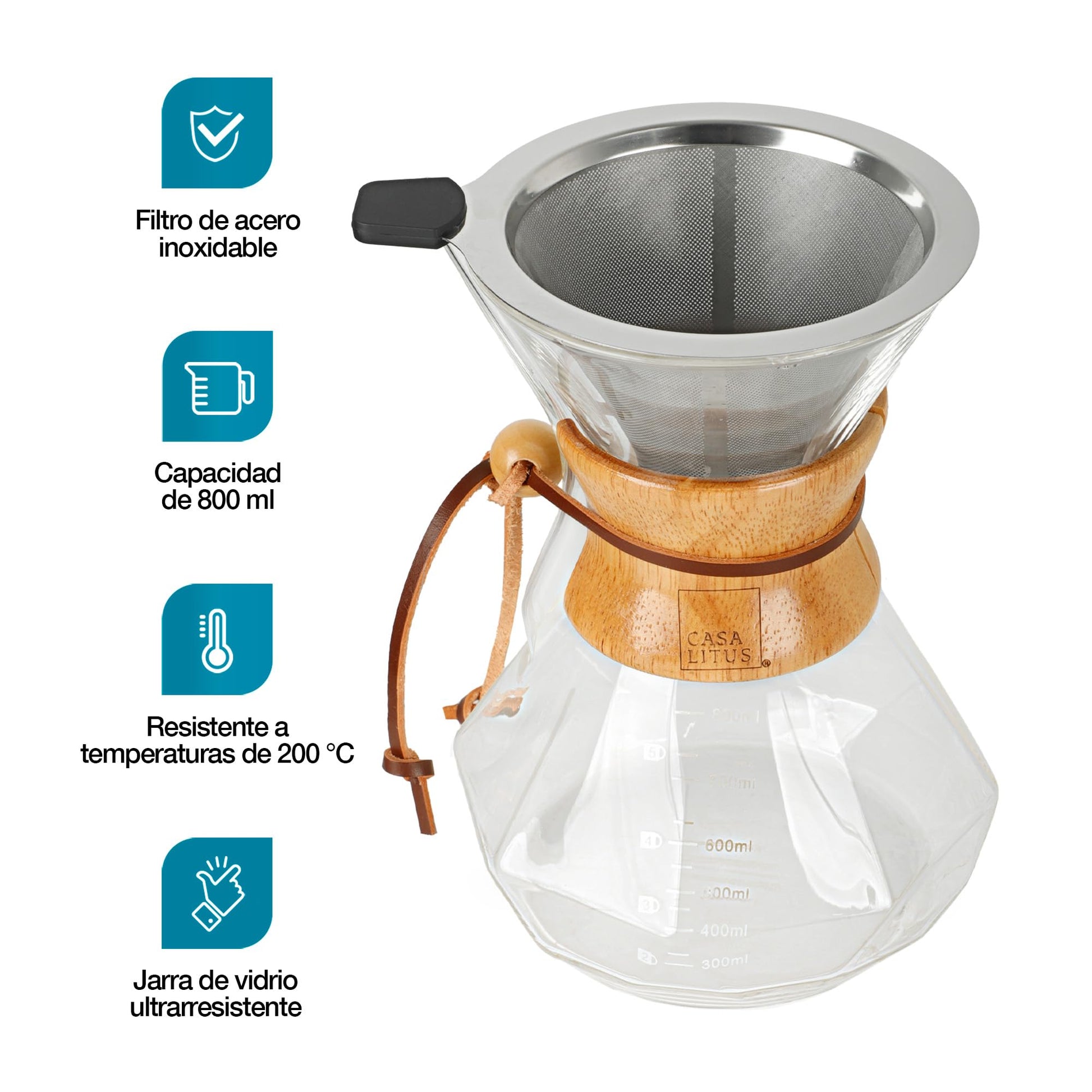 CASA LITUS Cafetera tipo Chemex Grande (800 ml) con Filtro Reutilizable de Acero Inoxidable, Cafetera de Goteo Pour Over Café Molido, Agarradera de Bambú y Vidrio de Borosilicato, Rinde 4 Tazas.