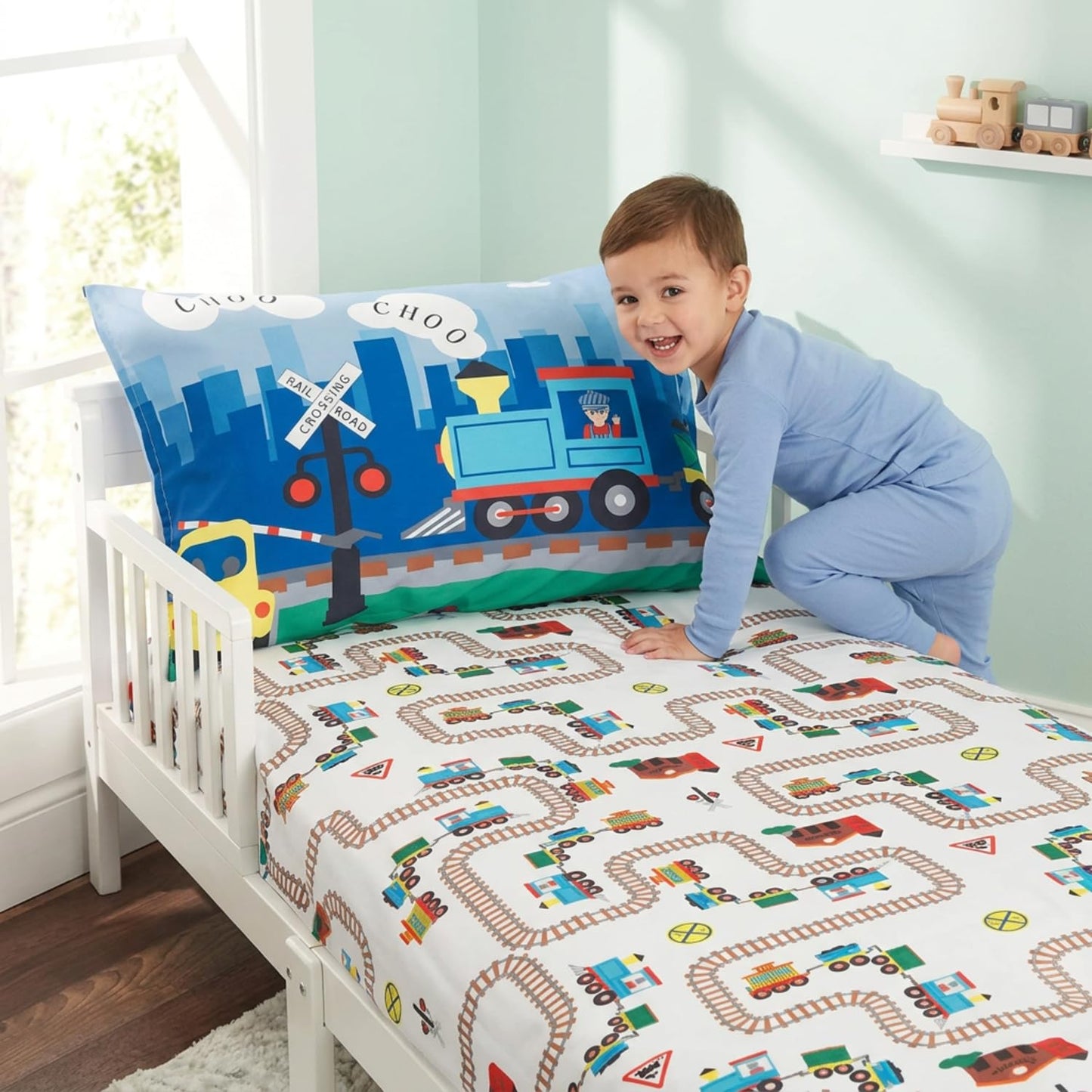 Juego de sábanas ajustables y fundas de almohada para niños pequeños, Choo Choo Train, juego de sábanas de microfibra suave y transpirable