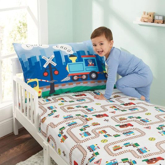 Juego de sábanas ajustables y fundas de almohada para niños pequeños, Choo Choo Train, juego de sábanas de microfibra suave y transpirable