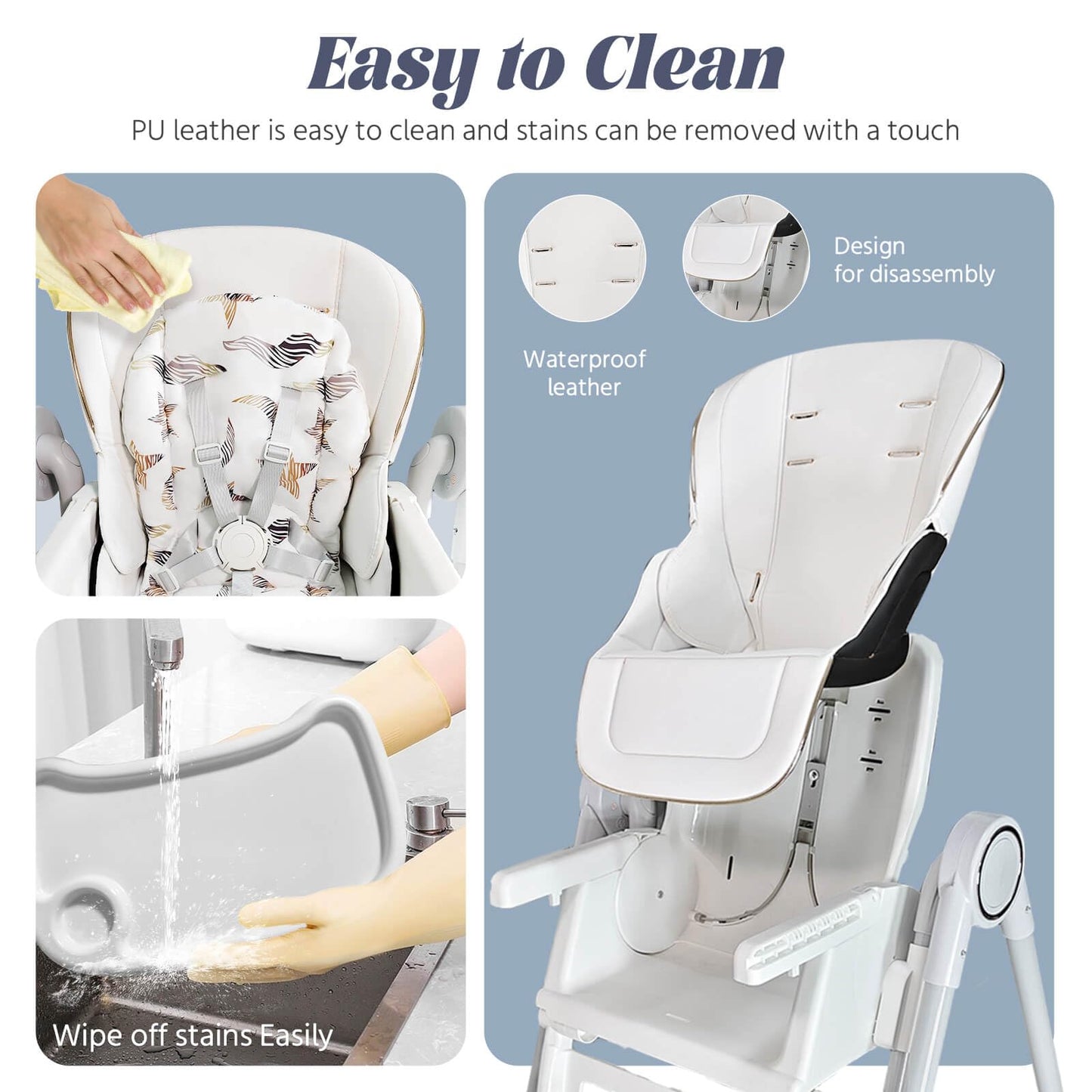 Silla alta multifuncional para bebé, plegable, ajuste de altura de 8 niveles, respetuoso con el medio ambiente, lavable, cojín de poliuretano, silla de alimentación para bebés (blanco)