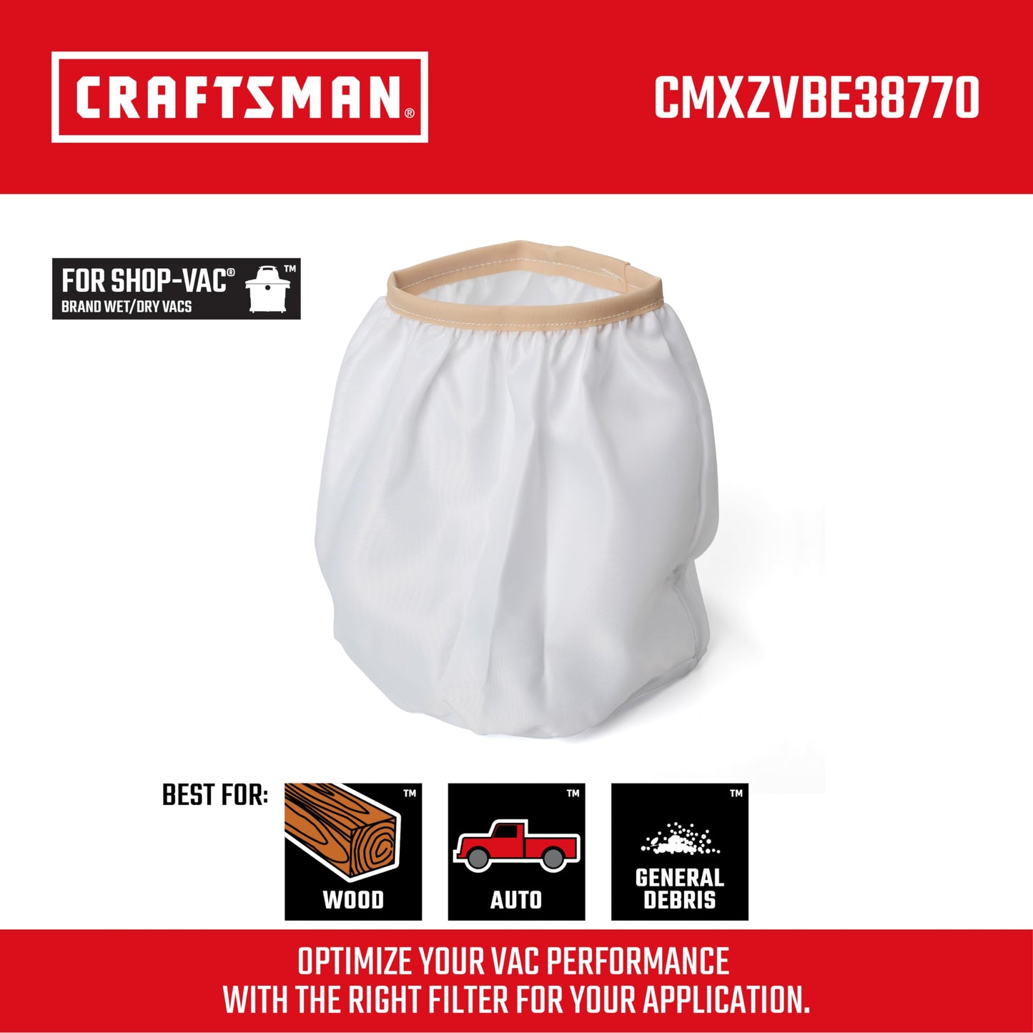 CRAFTSMAN CMXZVBE38770 - Bolsa de filtro de tela, filtro de aspiradora de repuesto para aspiradora de aspiradora, lavable y reutilizable, filtro de súper rendimiento para la mayoría de las aspiradoras