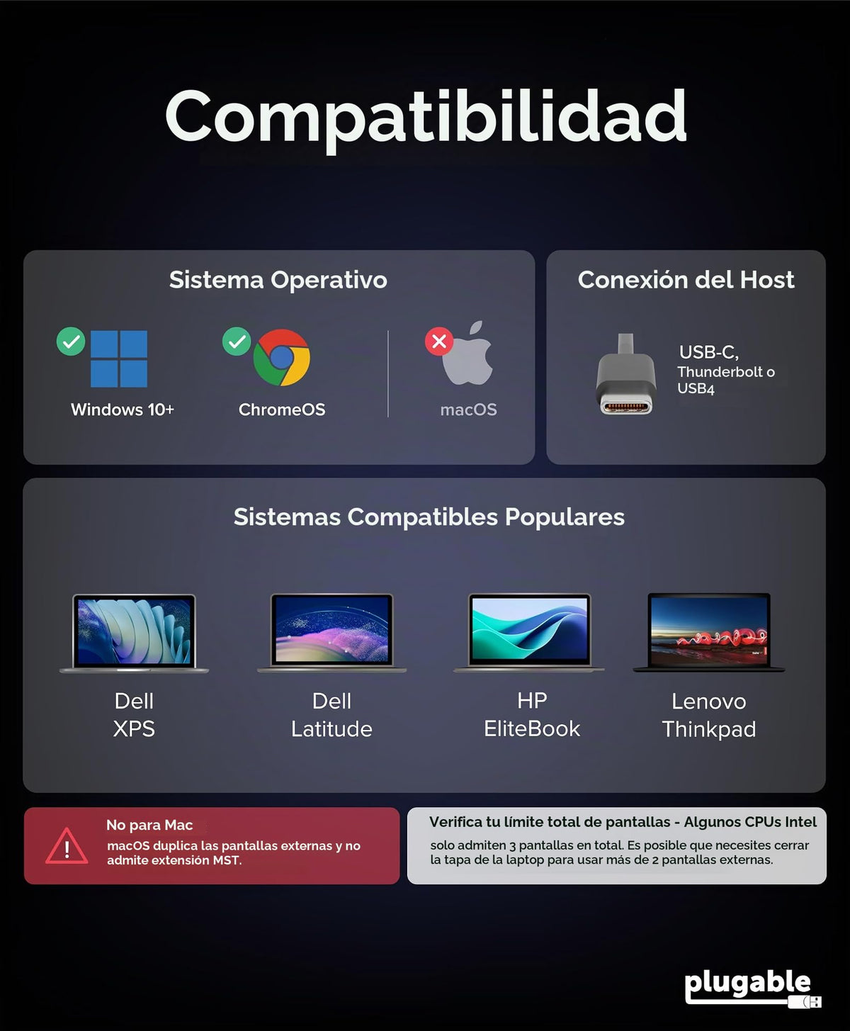 Adaptador USB C Plugable HDMI Tres Pantallas 4K60 Múltiples Monitores
