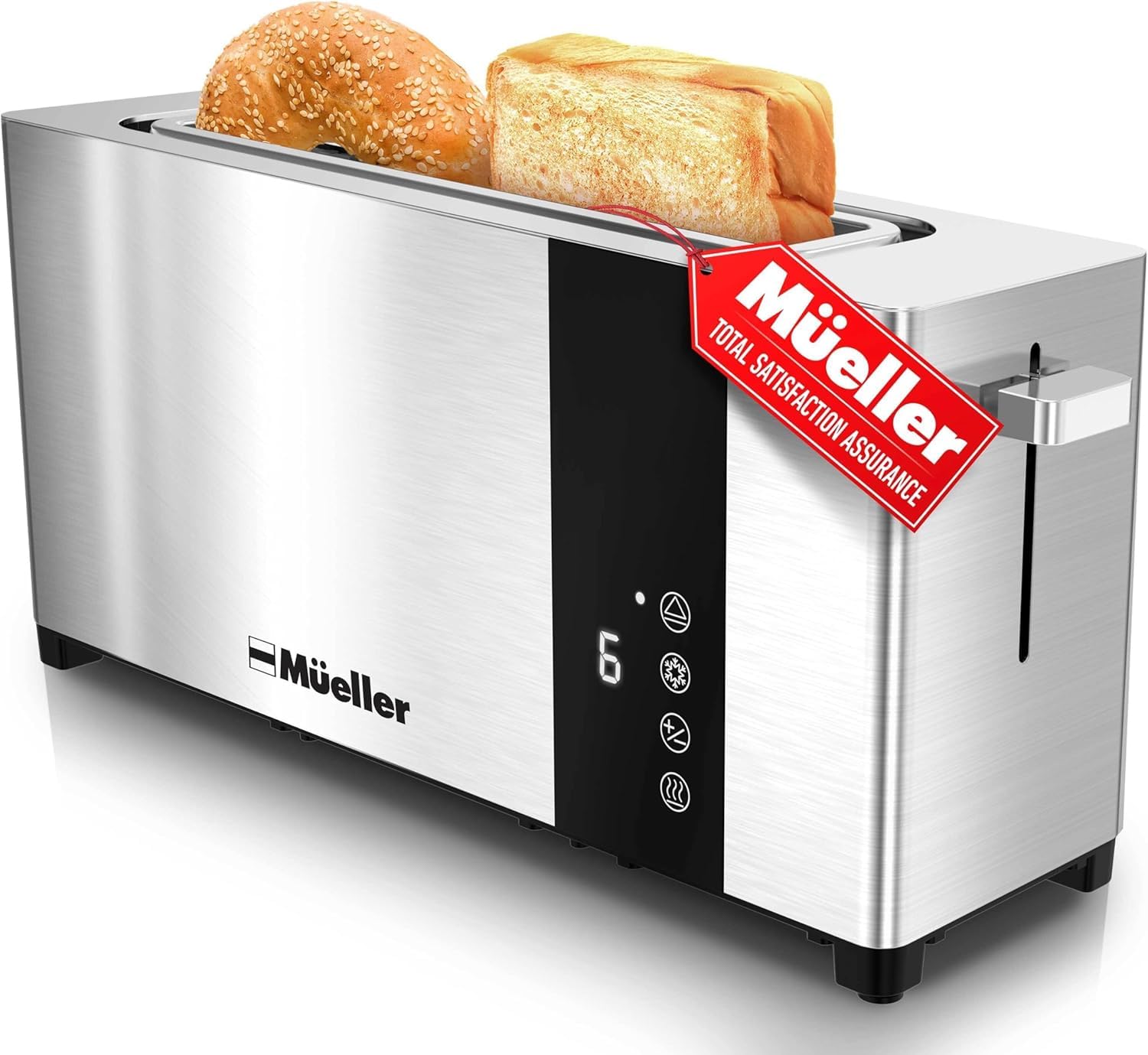 Mueller UltraToast - tostador completa de acero inoxidable, 2 rebanadas, ranuras largas extra anchas con bandeja extraíble, funciones de cancelación/descongelación/recalentamiento, 6 niveles de color
