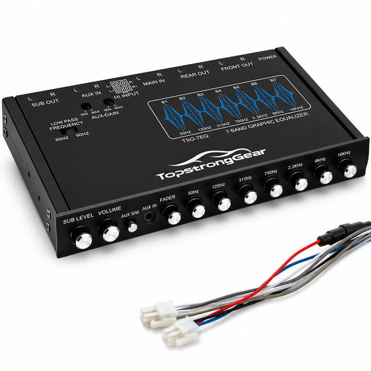 TOPSTRONGGEAR TSG7EQ - Ecualizador gráfico de audio de coche de 7 bandas con entrada auxiliar frontal de 3,5 mm, salidas RCA de alto voltaje y entradas de altavoz de alto nivel