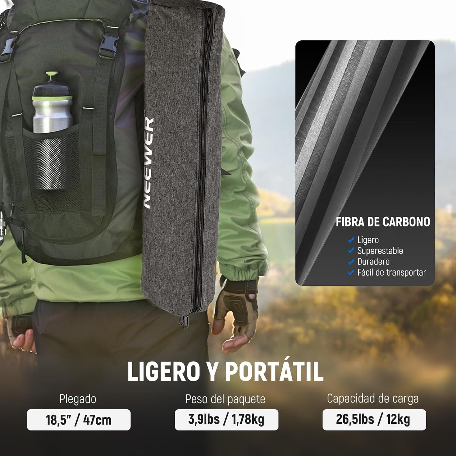 Trípode Monopie Neewer Negro Ligero con Rótula Giratoria 360° y Nivel de Burbuja 168cm para Cámara