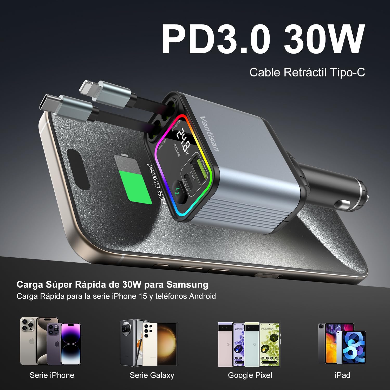 vantisan Cargador para Auto,Adaptador de Cargador de Coche con Pantalla de Luz, 140w Carga Rápida Conector telescópico y 2 Puertos USB con RGB, Compatible con iPhone,Galaxy, Xiaomi
