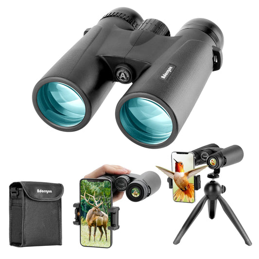 Adorrgon - Prismáticos HD de 12 x 42 pulgadas para adultos de alta potencia con adaptador de teléfono, trípode y adaptador de trípode, prismáticos de visión grande con visión clara con poca luz - Prismáticos para observación de aves y viajes de crucero