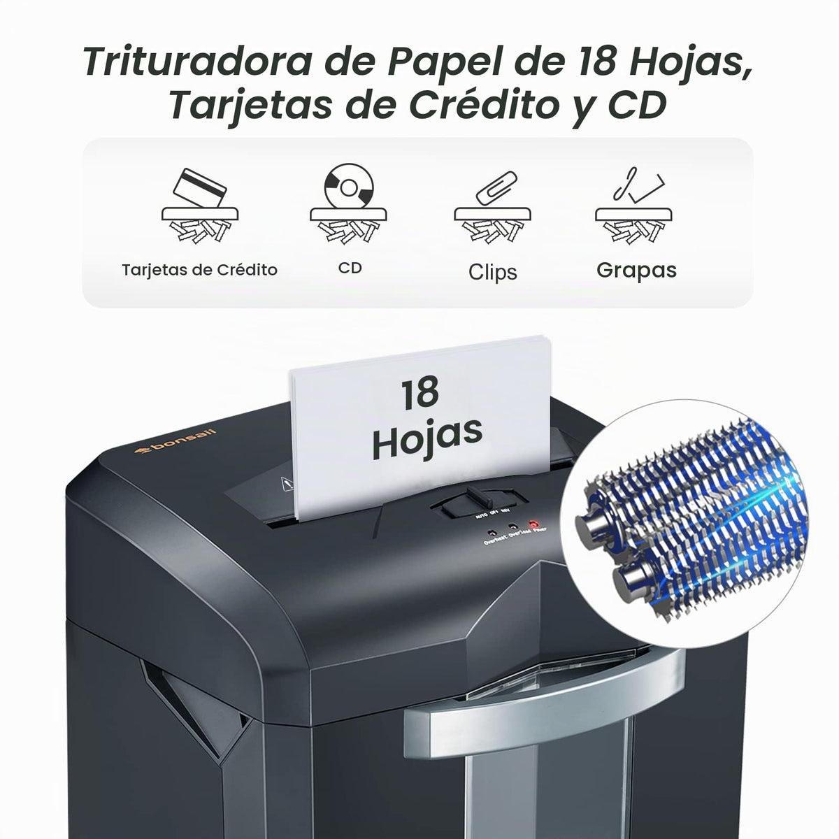 Destructora de Papel Bonsaii EverShred C149-C de 18 Hojas con Capacidad de 6 Galones y 4 Ruedas