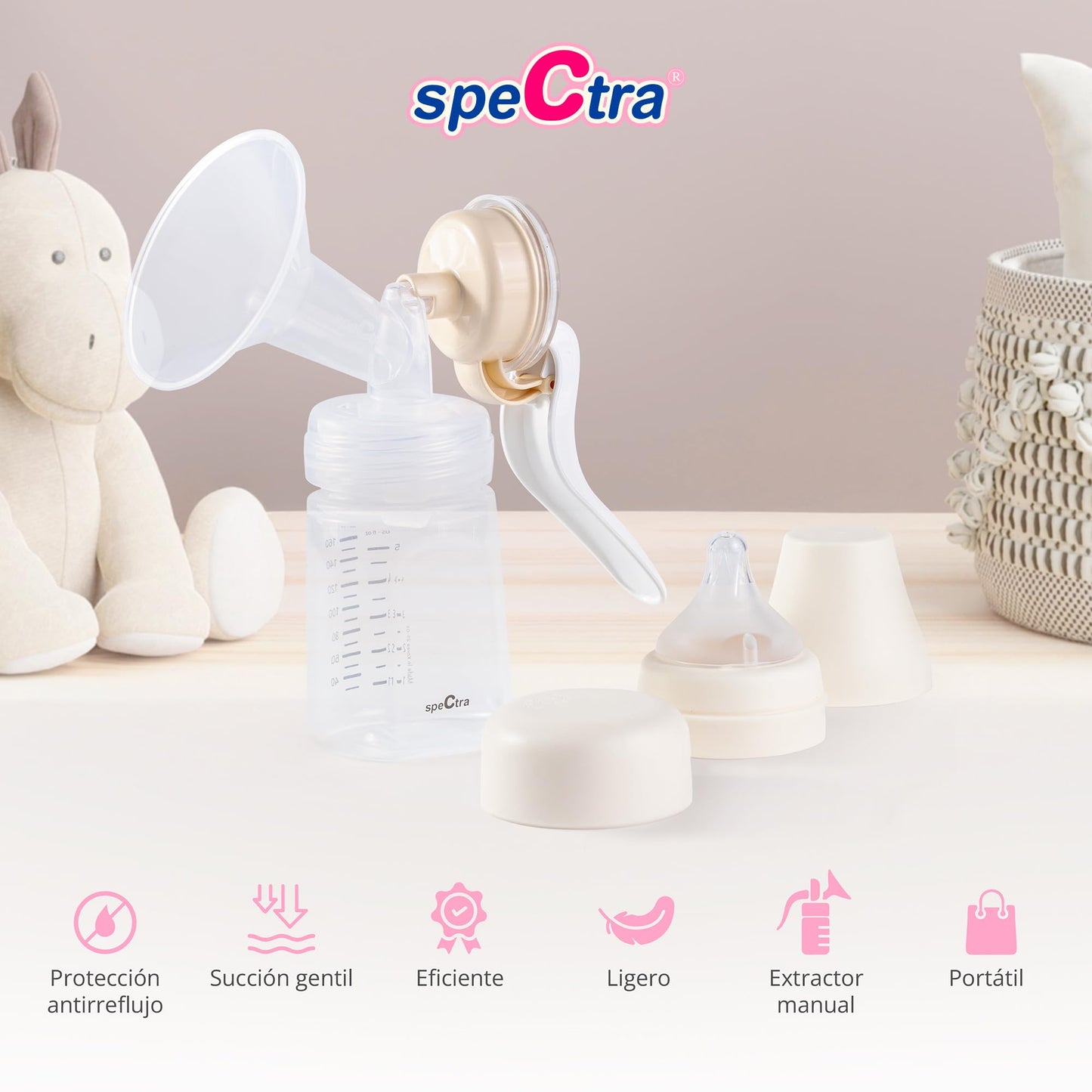 Spectra Extractor de Leche Manual de Cuello Ancho | Saca leche Manual Portátil, Succión Suave y Eficiente | Extractor Lactancia, Biberón, Almacenamiento Leche Materna, Libre de BPA | Copa 28mm