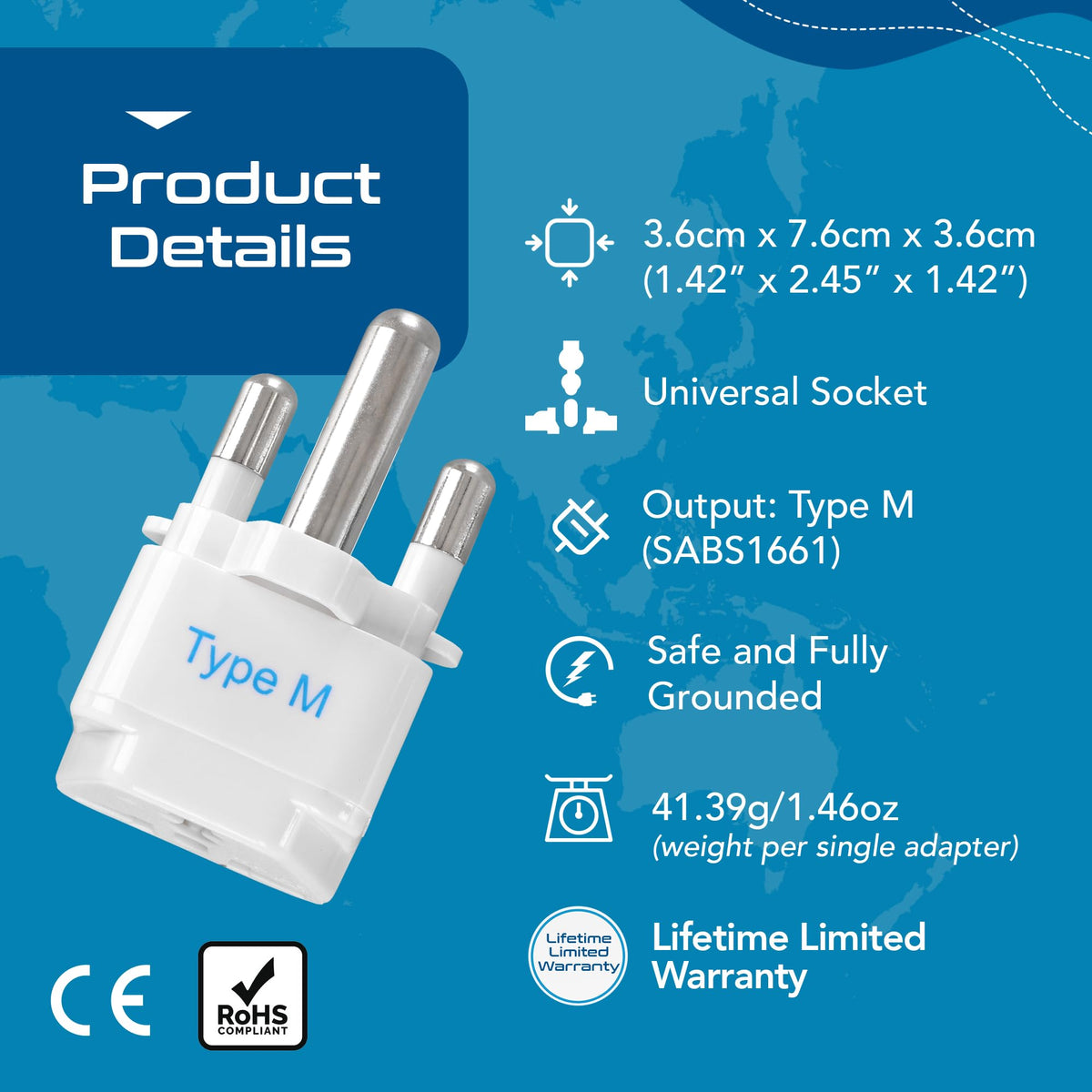 Adaptador de Enchufe Ceptics Sudáfrica Tipo M Paquete de 3 Conectado a Tierra Universal