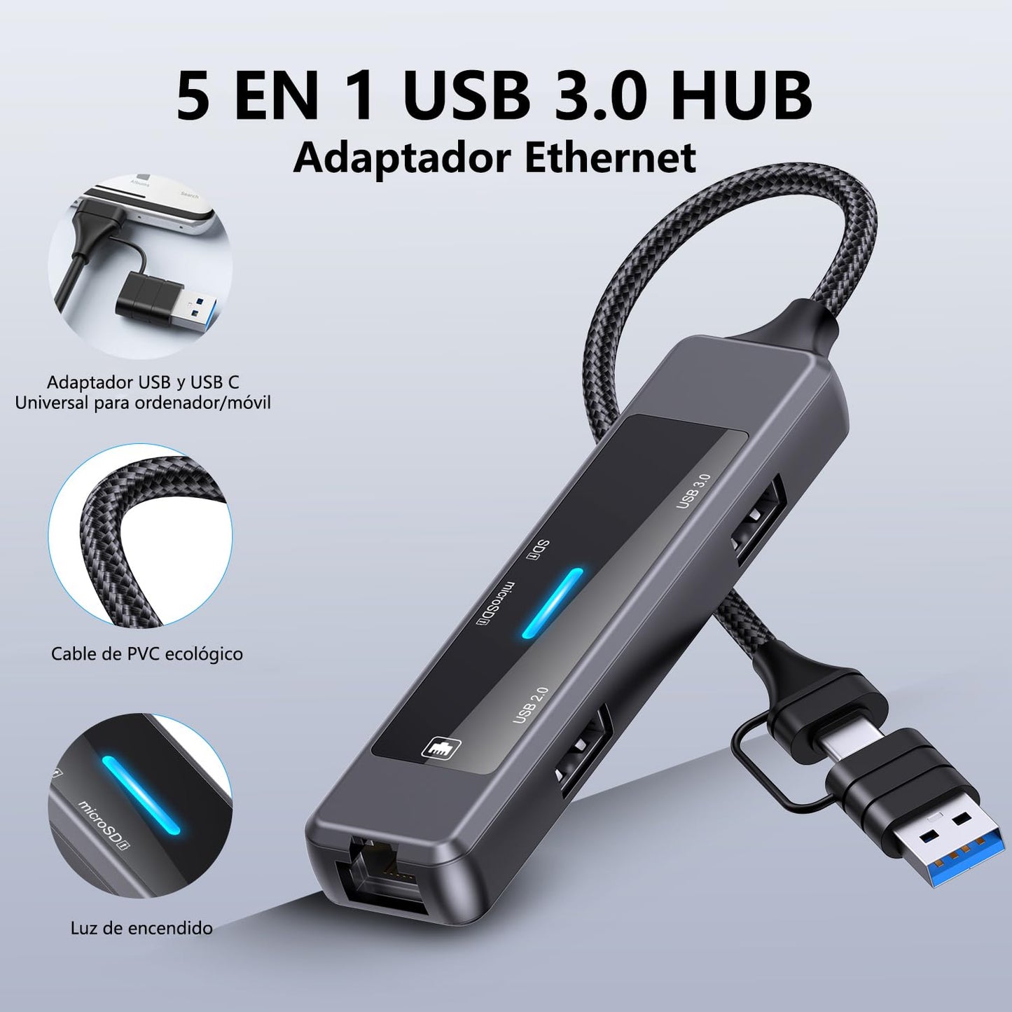 Adaptador Ethernet USB 3.0 MORNWELL Multicolor 5 en 1 Técnico para MacBook, Surface Pro y PC