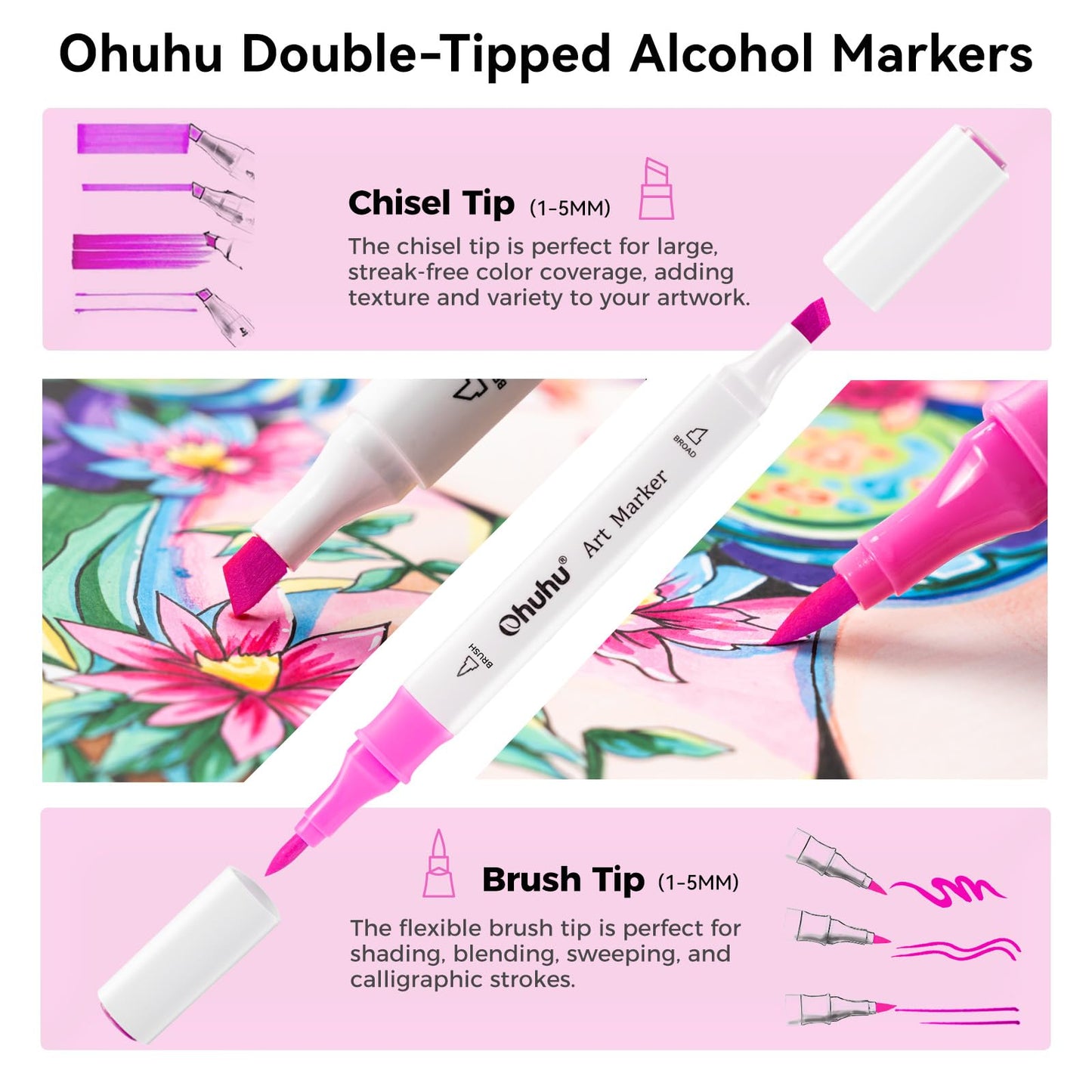 Marcadores Ohuhu: set de 48 marcadores de alcohol de doble punta (pincel y cincel) para colorear e ilustrar, diseñado para adultos, incluye un agarre ergonómico único, para principiantes