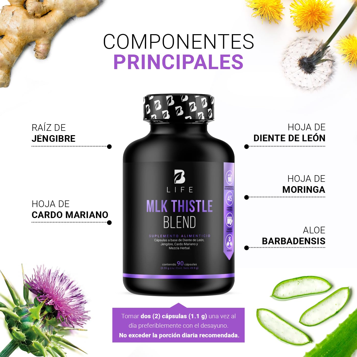 Cardo Mariano 90 cápsulas 1100 mg por porción. Hoja de Diente de León, Raíz de Jengibre y Mezcla Herbal. Ingredientes naturales. Mlk Thistle Blend B Life.