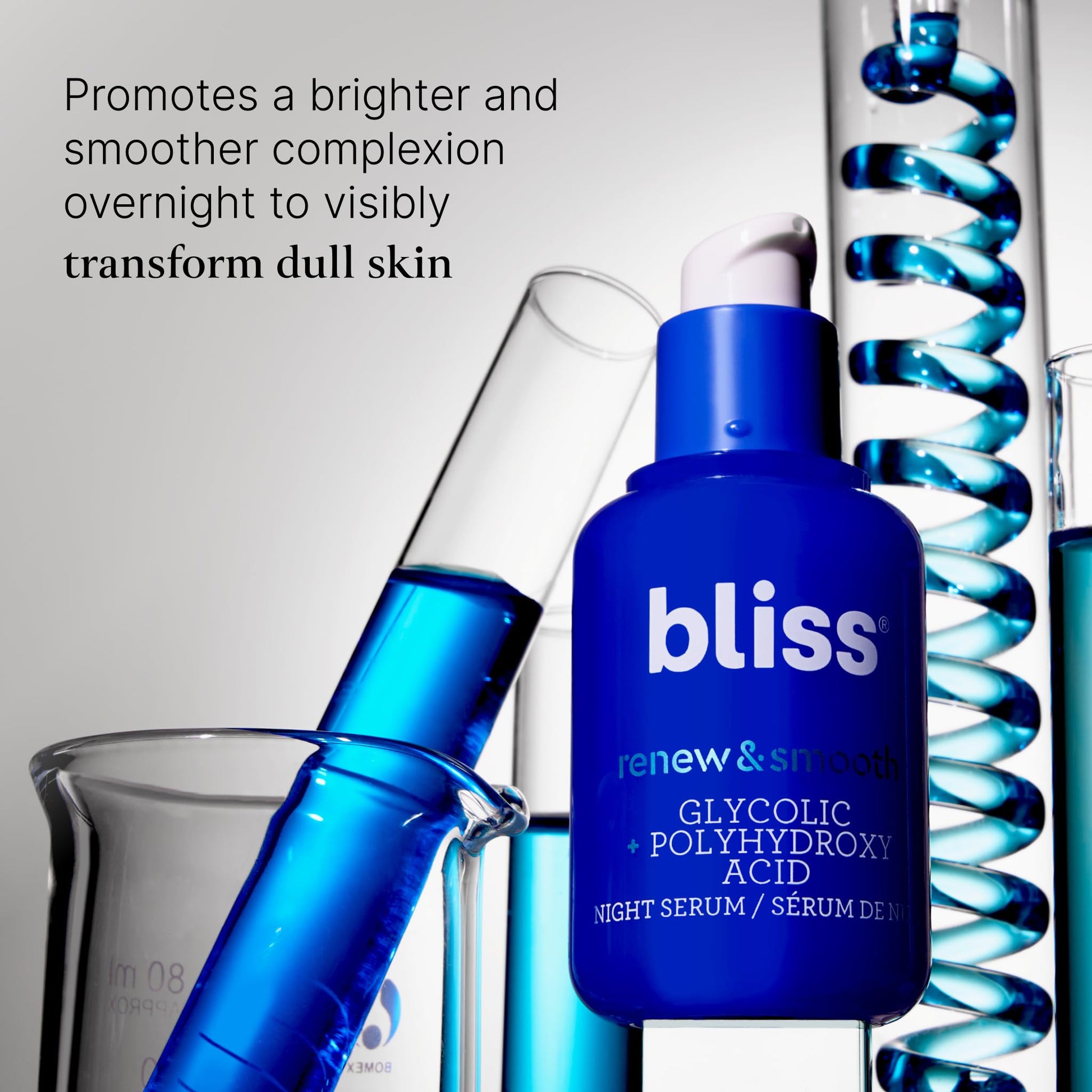 Bliss Renew & Smooth Sérum de noche, resurfacing suero facial con ácido glicólico y polihidroxi, limpio, sin crueldad, sin parabenos, vegano, 1 oz