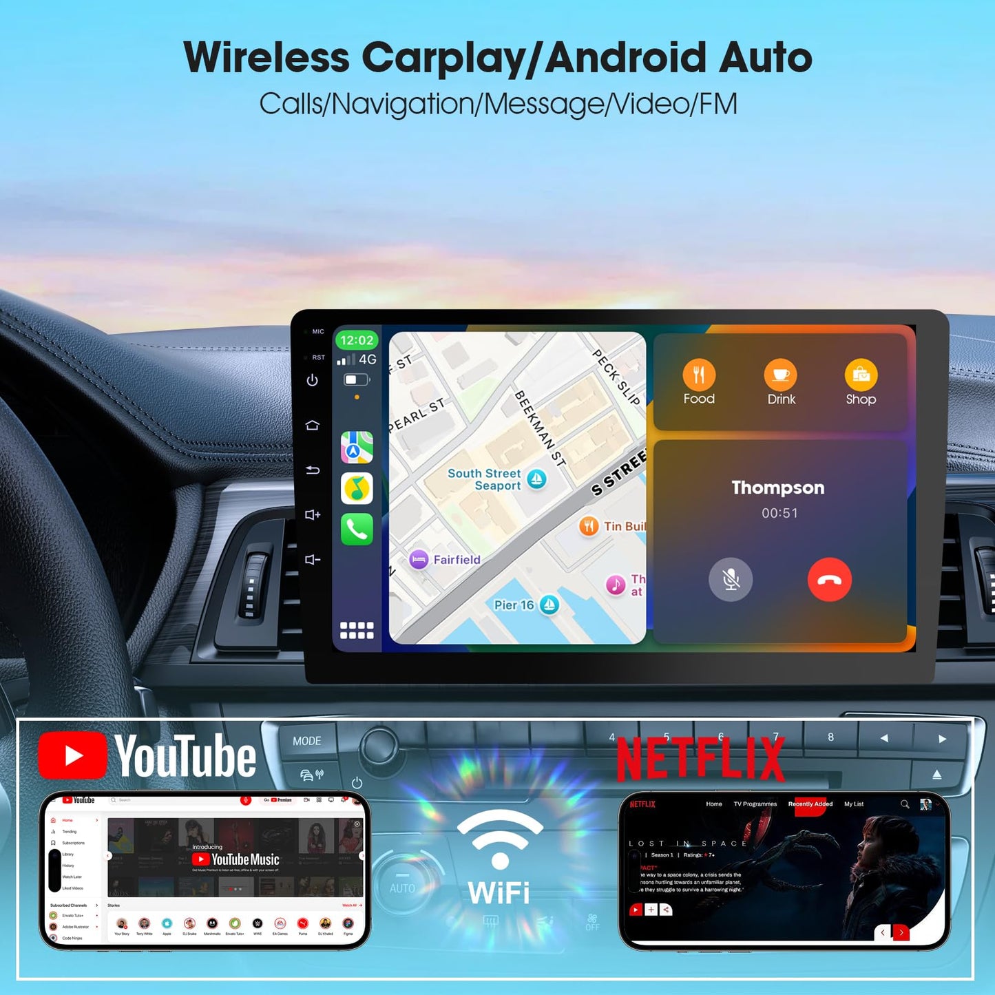 Estéreo de Coche Inalámbrico Doble DIN con Pantalla 10.1 Pulgadas y Cámara de Respaldo