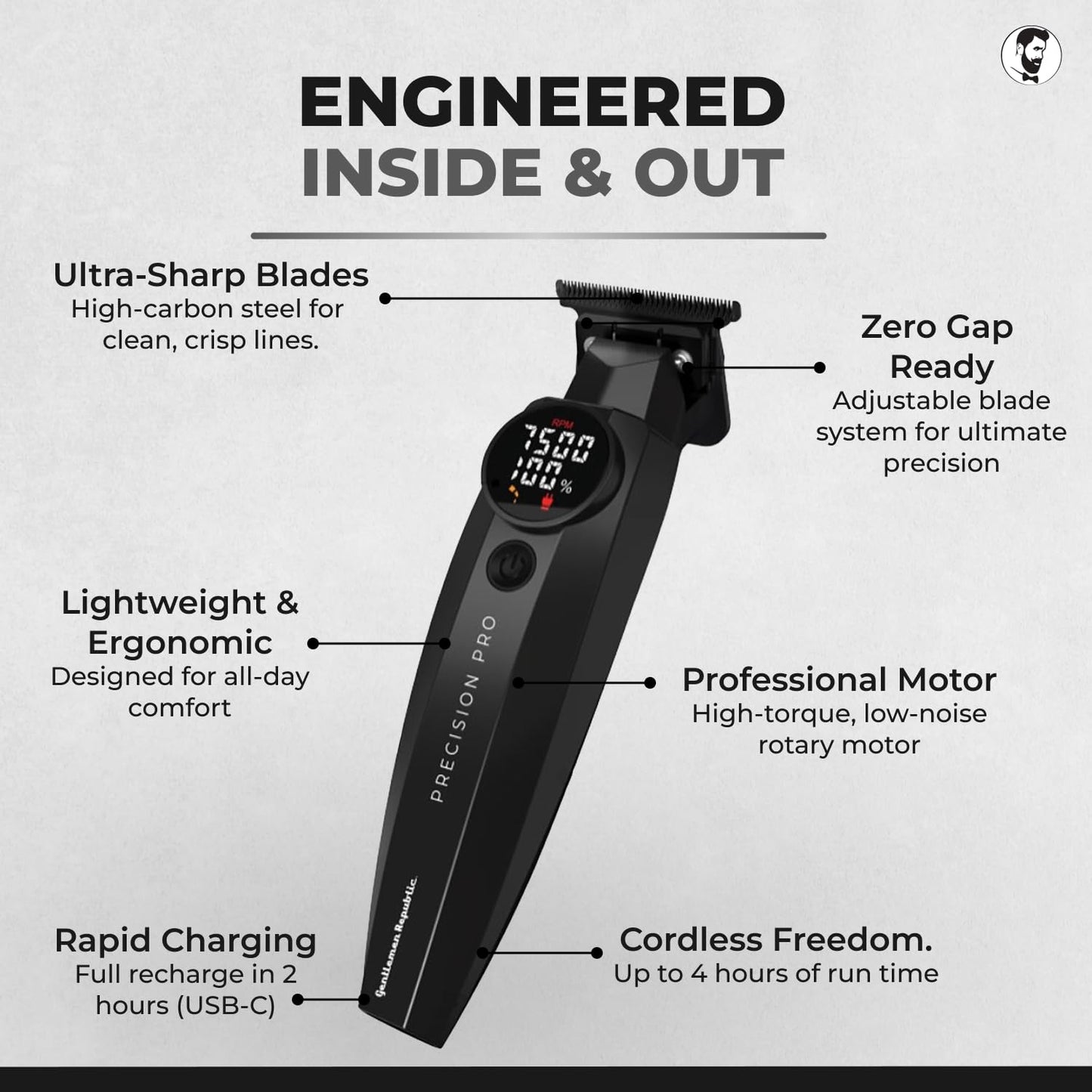 Gentlemen Republic Precision Pro - Recortadora de barba profesional para hombres con hoja de cero huecos, motor de alto par, carga rápida USB-C, 2 horas de cabello inalámbrico y recortadora de línea